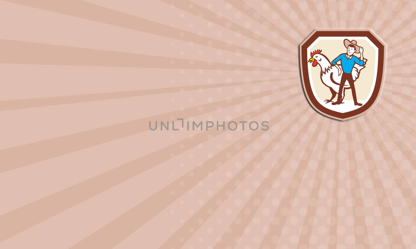 Business card showing illustration of a hen chicken fowl and male farmer set inside shield crest done in cartoon style.