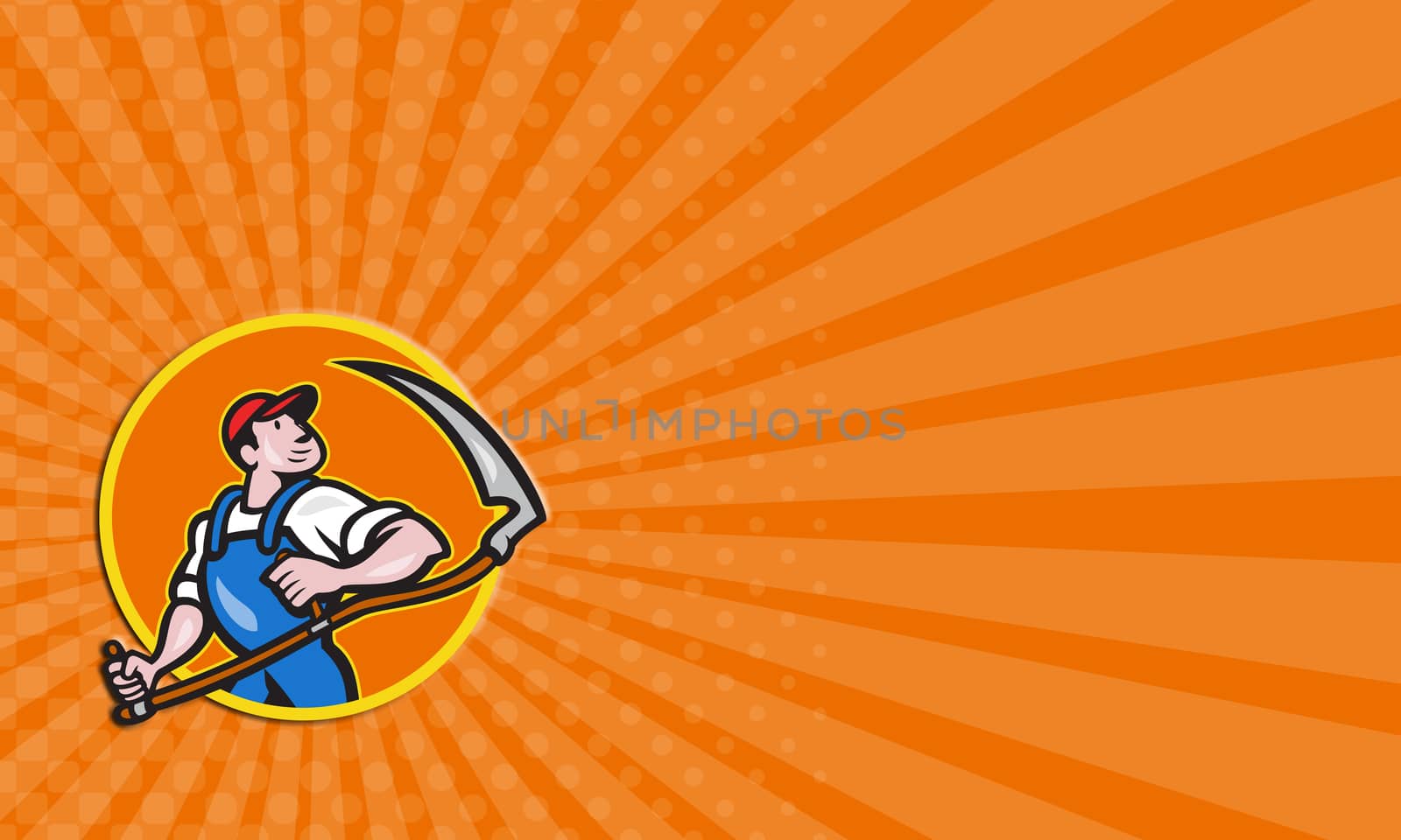 Business card showing illustration of a farmer farm worker holding scythe facing front inside circle on isolated white background done in cartoon style