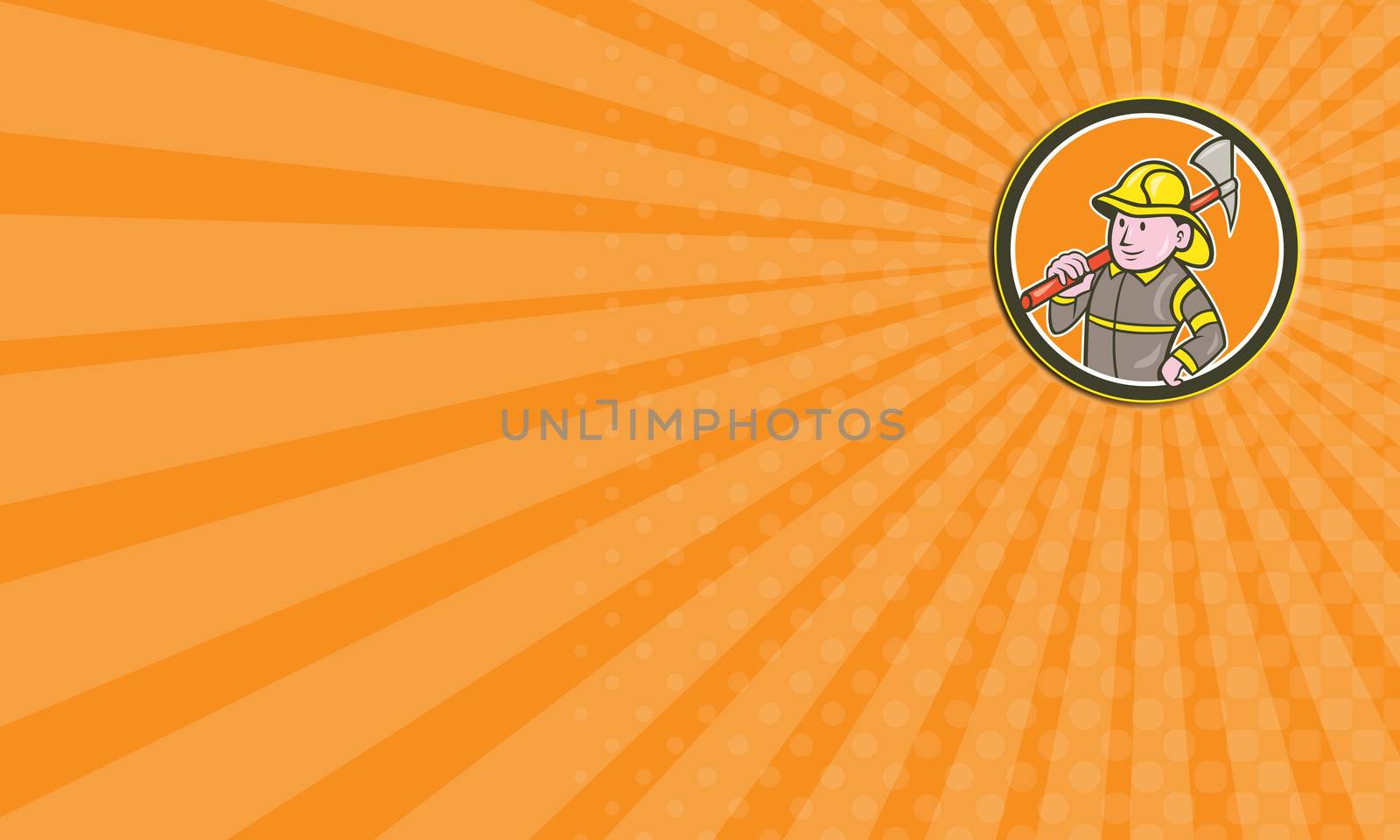 Business card showing illustration of a fireman fire fighter emergency worker holding axe on shoulder set inside circle on isolated background done in retro style.