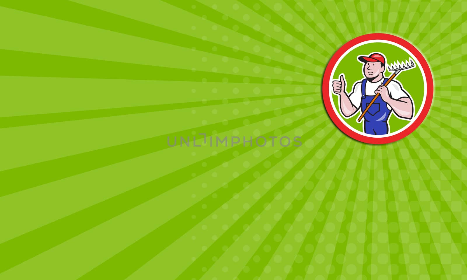 Business card showing illustration of gardener organic farmer holding rake facing front with thumbs up set inside circle on isolated background done in cartoon style.