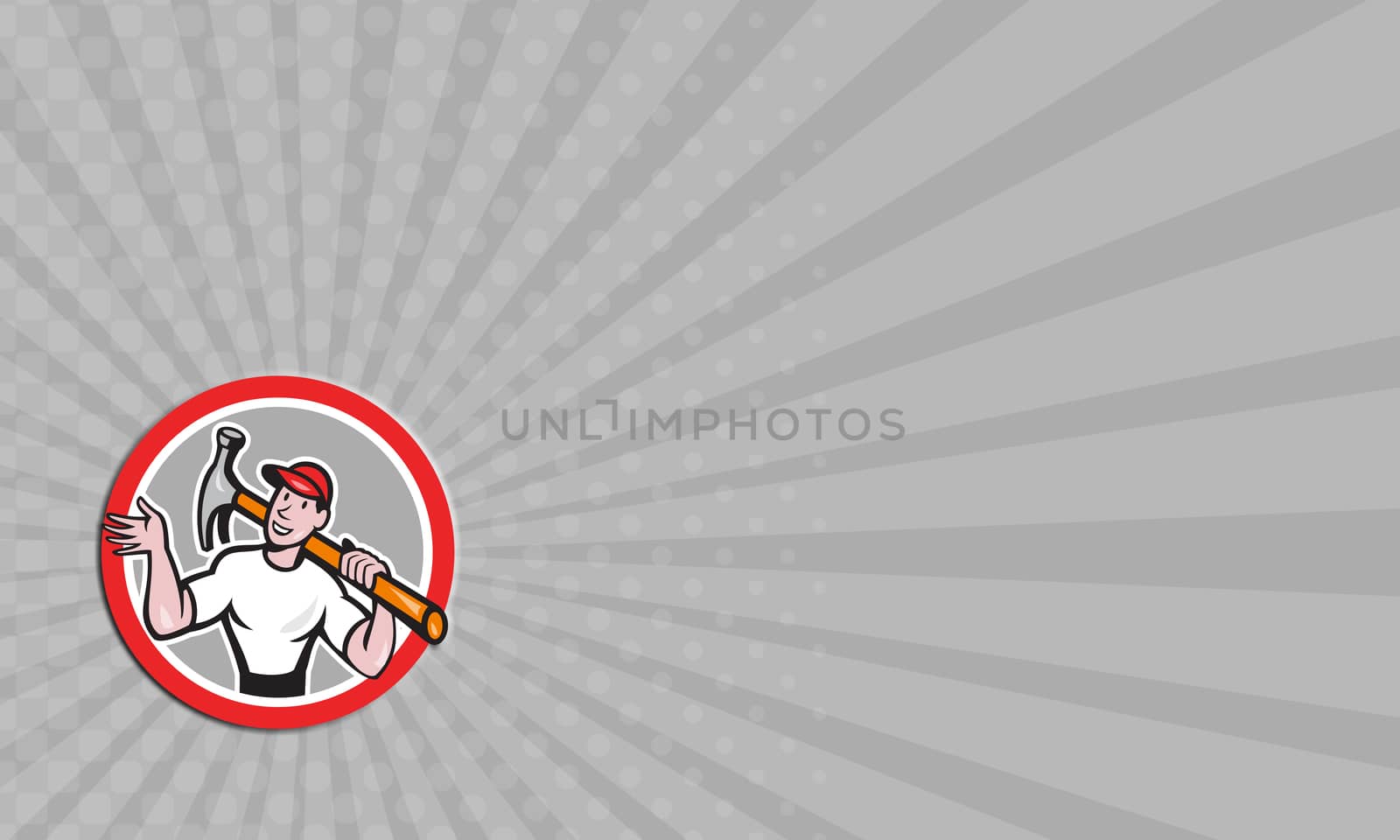 Business card showing illustration of a carpenter builder construction worker with hammer in one hand and spanner wrench in the other looking to side set inside shield done in cartoon style.