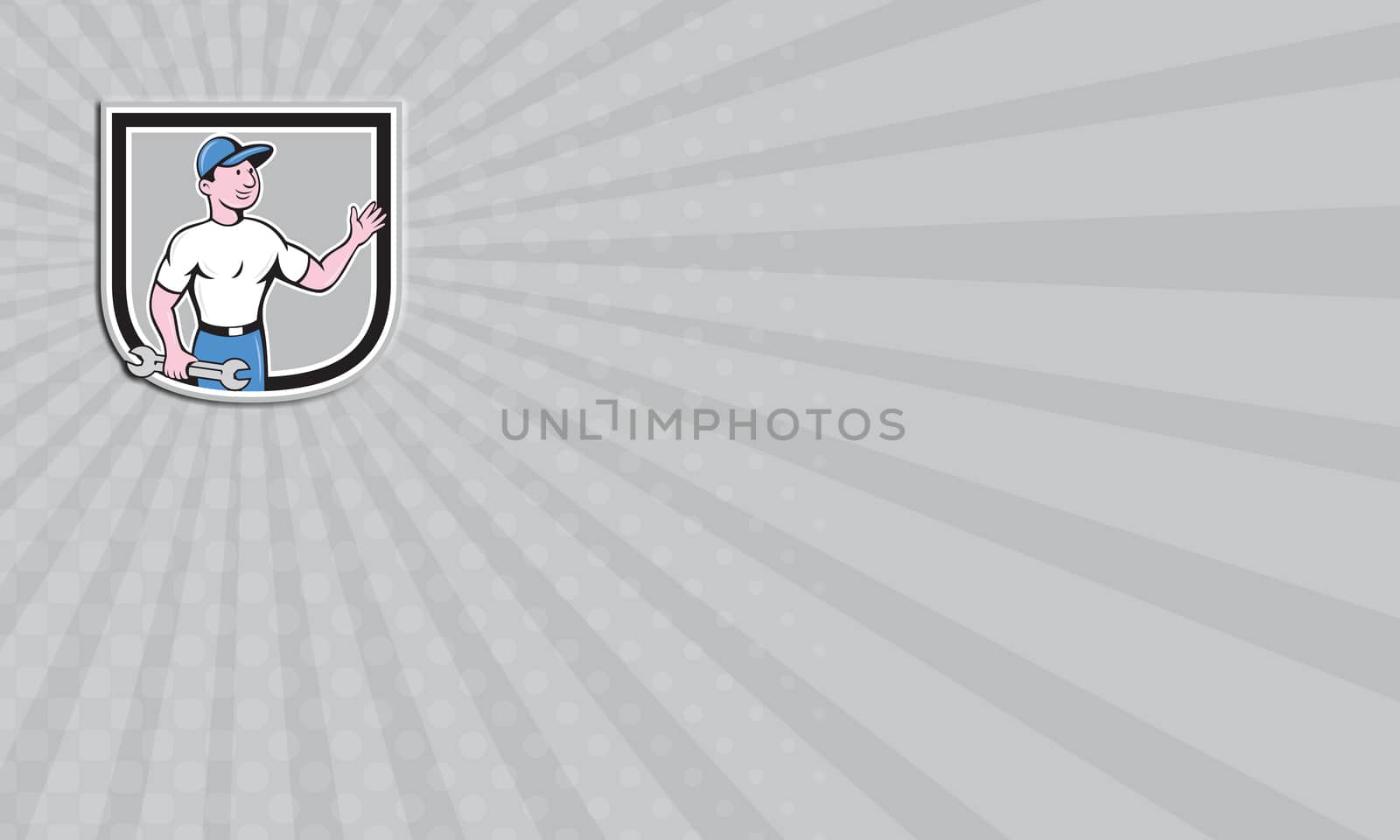 Business card showing illustration of a mechanic holding spanner wrench and waving hand set inside shield crest on isolated background done in cartoon style.