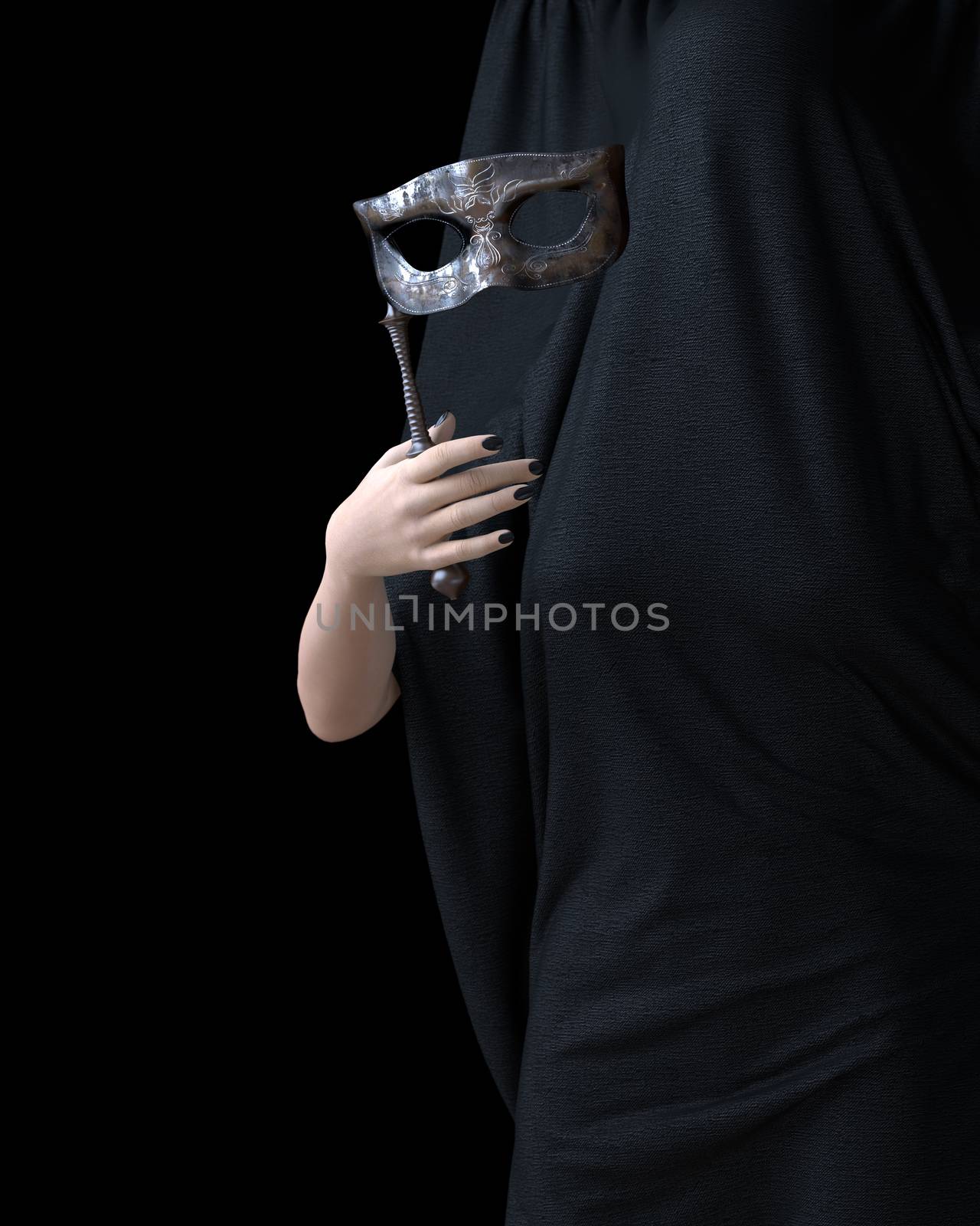 Beautiful young woman hand with curtain and carnival mask