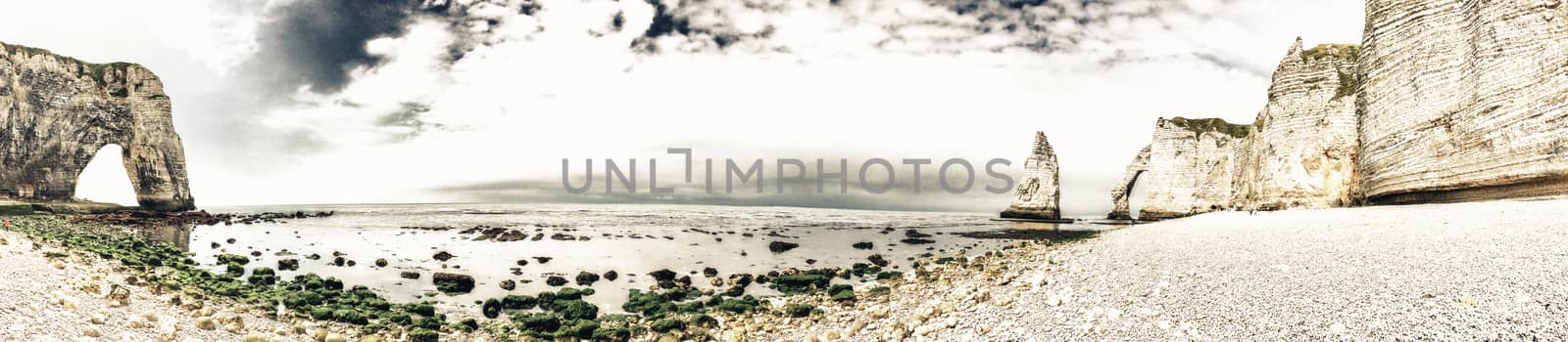 Panoramic view of Etretat famous cliffs, Normandy - France.