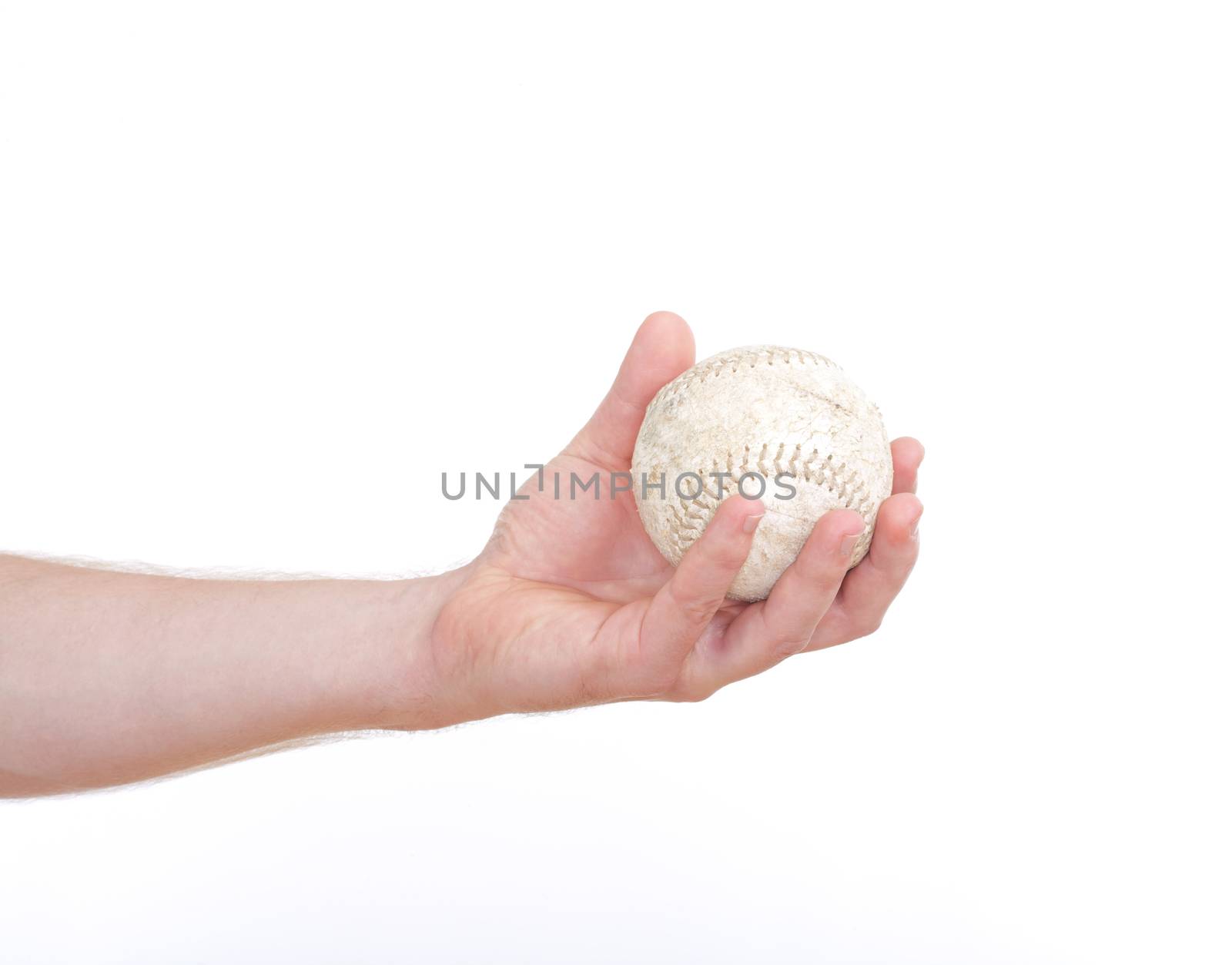 closeup of a hand holding a baseball - isolated on white