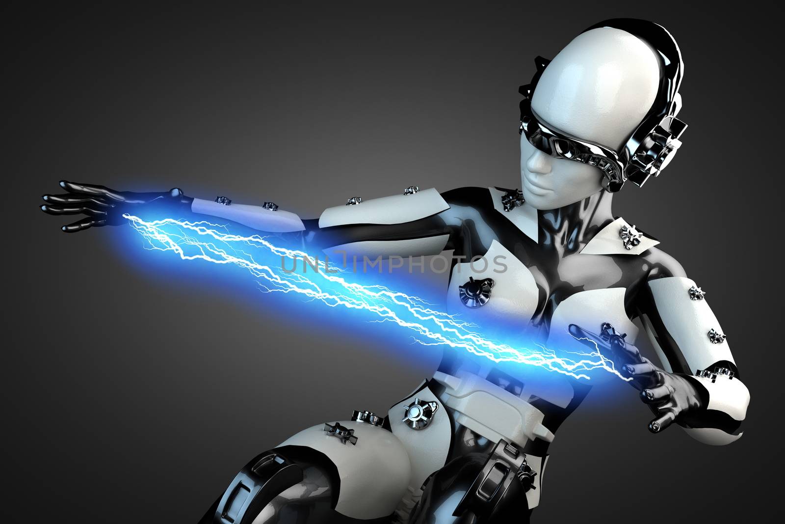 woman cyborg of steel and white plastic with lightning