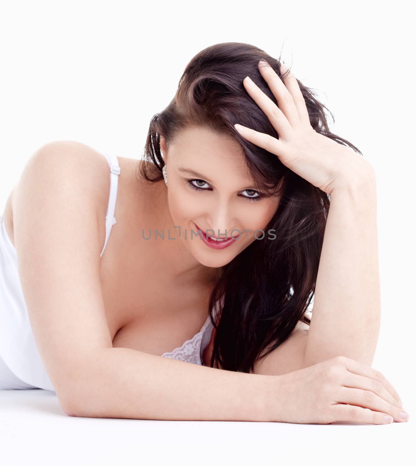 Portrait of Young Woman Lying on the Floor Looking by courtyardpix