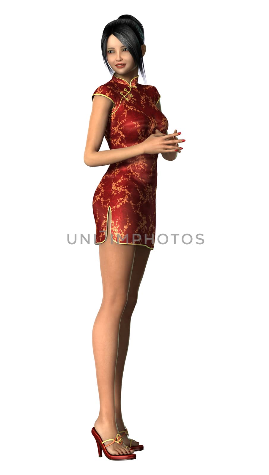 3D digital render of a beautiful Asian girl in a traditional red dress isolated on white background