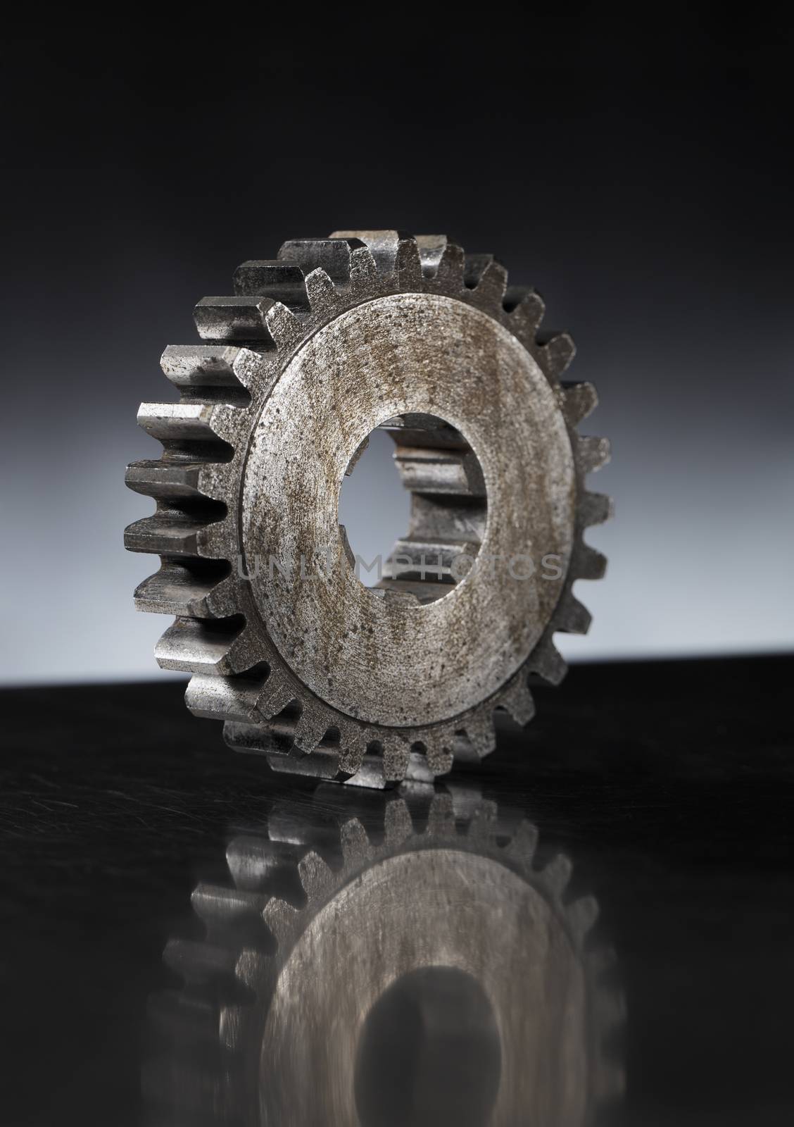 Old rusty cog gear wheel on metallic surface, Short depth-of-field