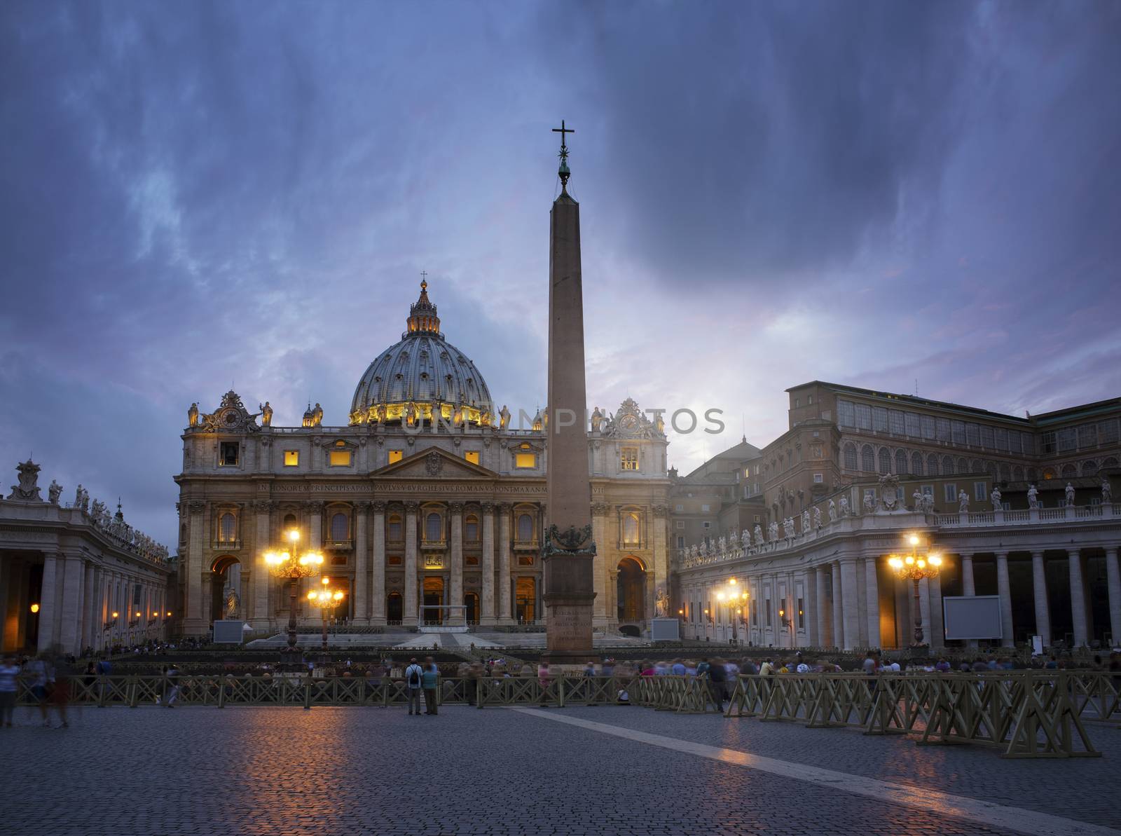 Long time exposure of St. Peter's Basilica at dusk. Vatican city, Rome, Italy