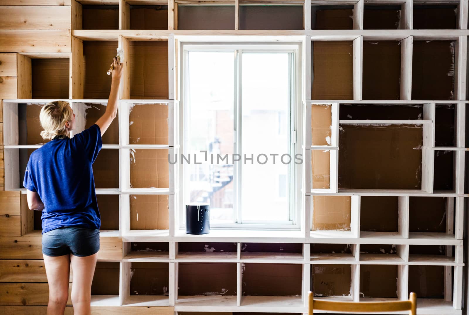 Woman Applying the First layer of Paint on a Wooden Library  by aetb