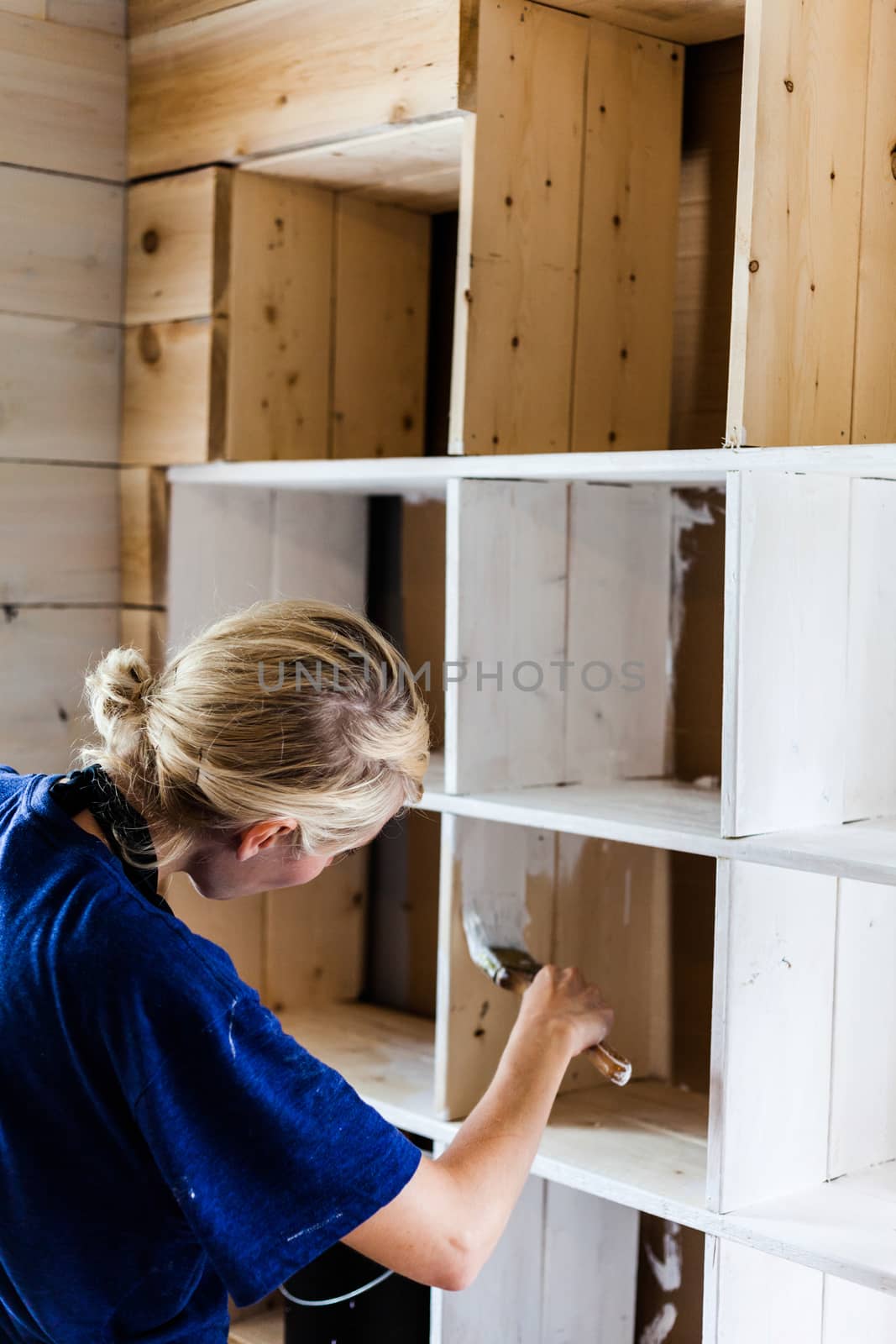 Woman Applying the First layer of Paint on a Wooden Library  by aetb