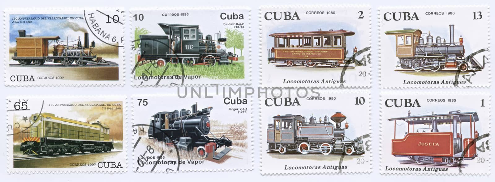 Train stamps printed in Cuba a collection locomotive and train designs