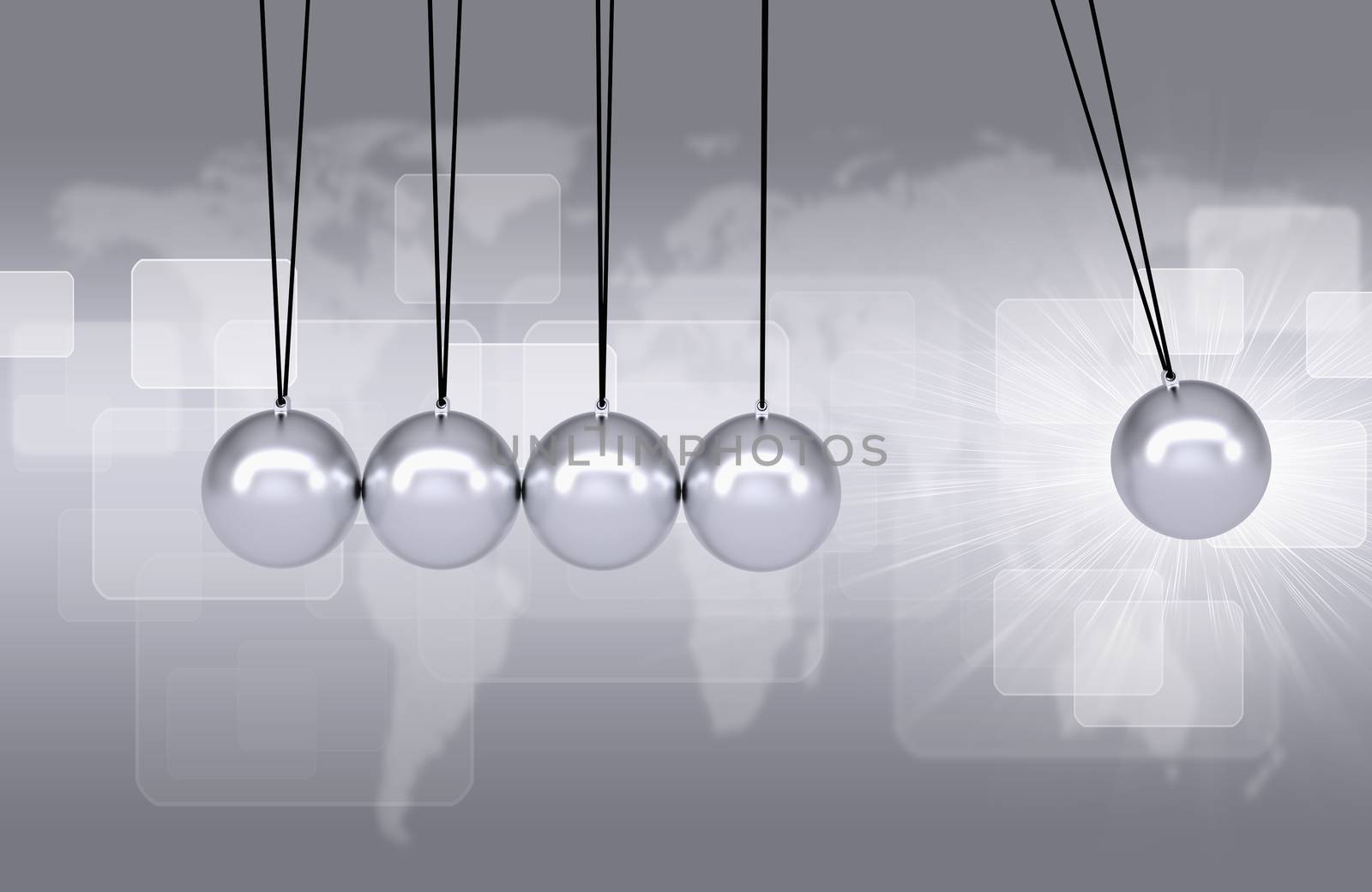 Newtons cradle executive toy on background of world map