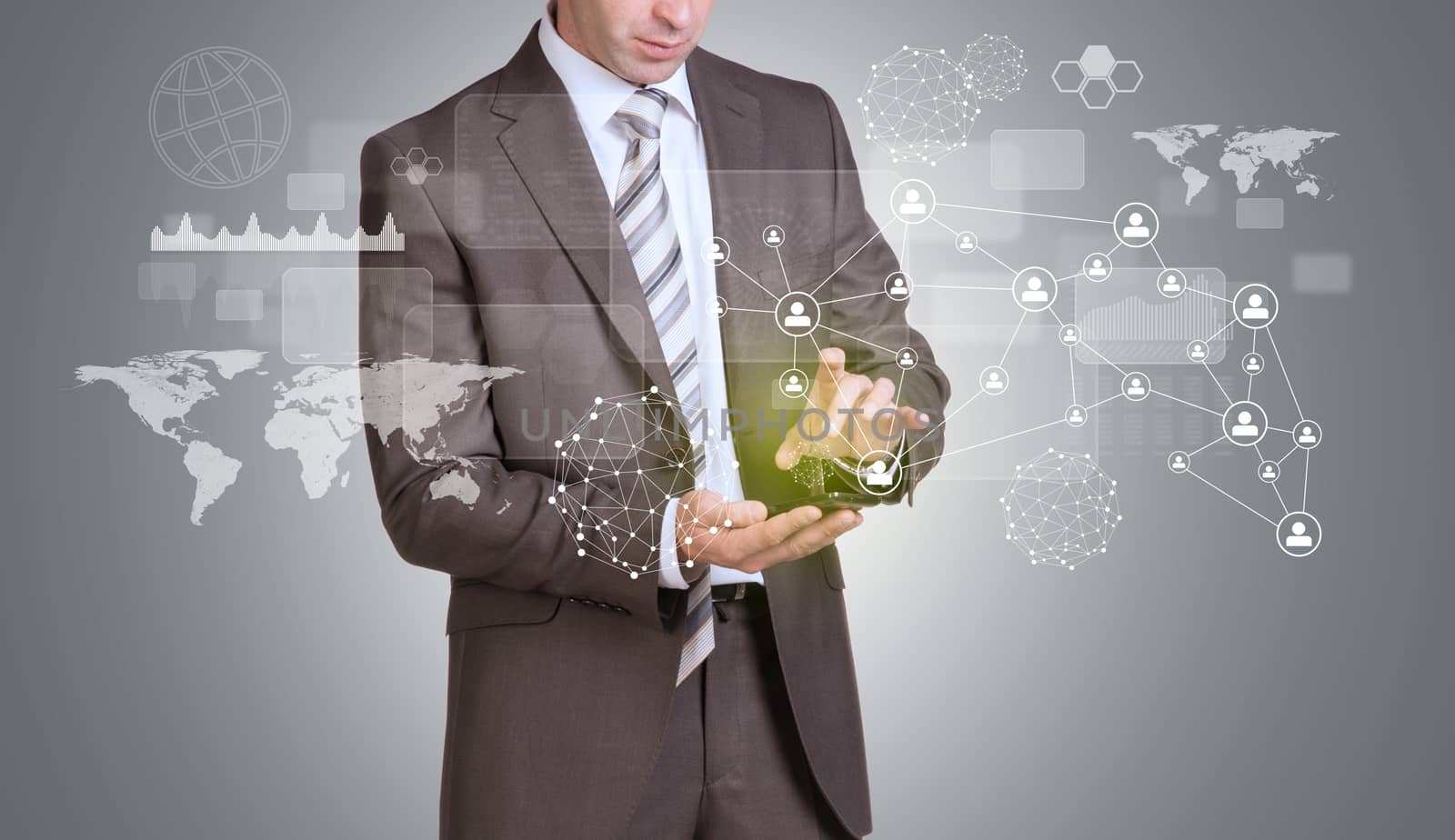 Businessman in suit hold empty copy space. Network, wire-frame spheres, transparent rectangles and world map