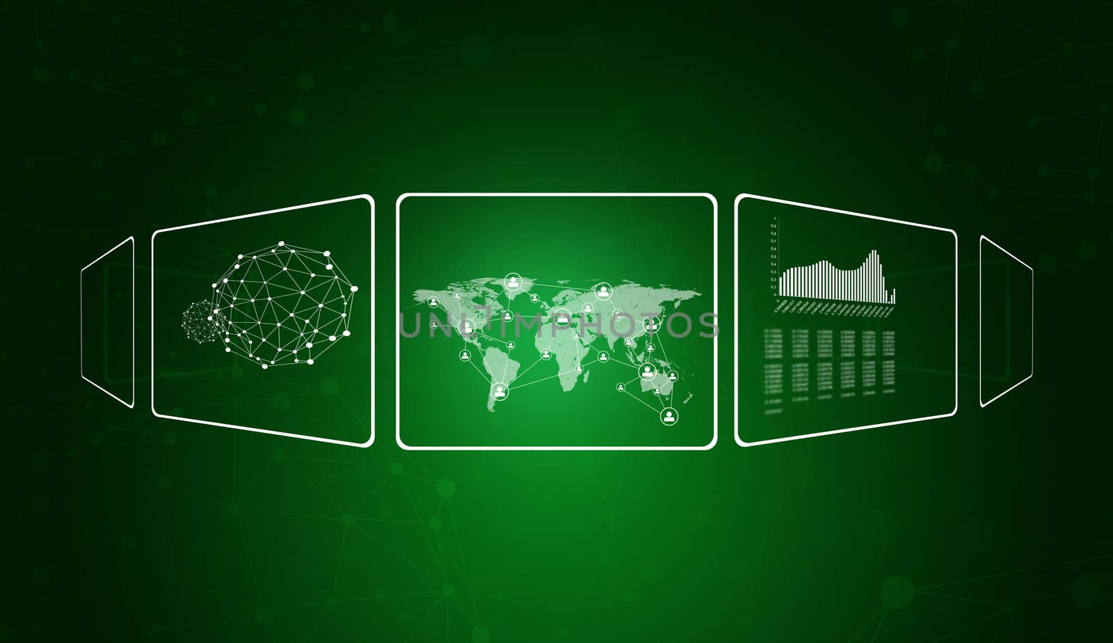 Transparent rectangles, network, wire-frame spheres and world map on green background
