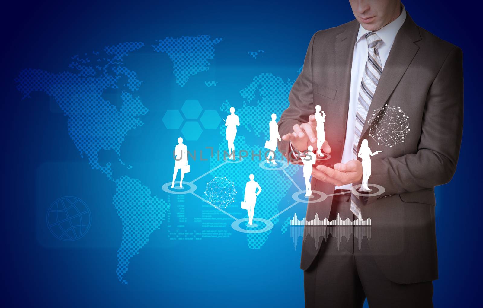 Businessman and world map with businesswoman silhouettes by cherezoff