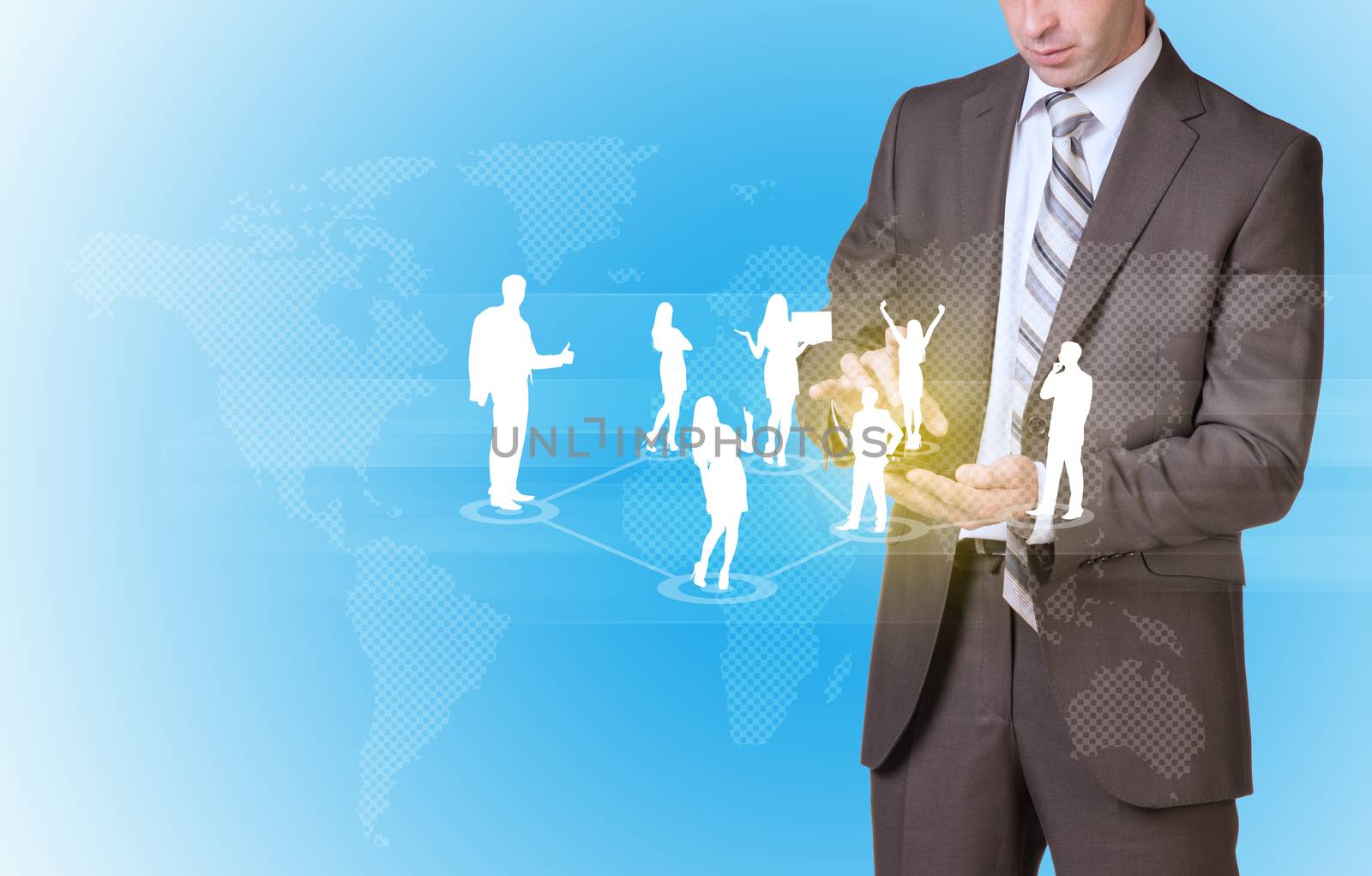Businessman in suit hold empty copy space. Business people silhouettes with world map