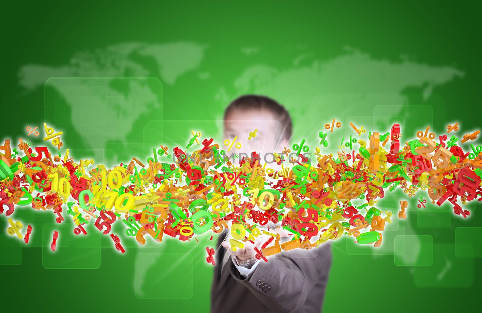 Businessman in suit hold flow of numbers and percent signs on background of world map and rectangles