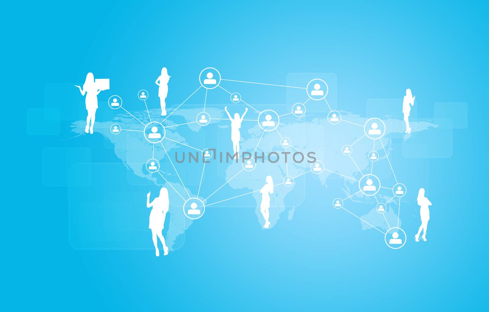 World map with businesswoman silhouettes. Blue gradient background