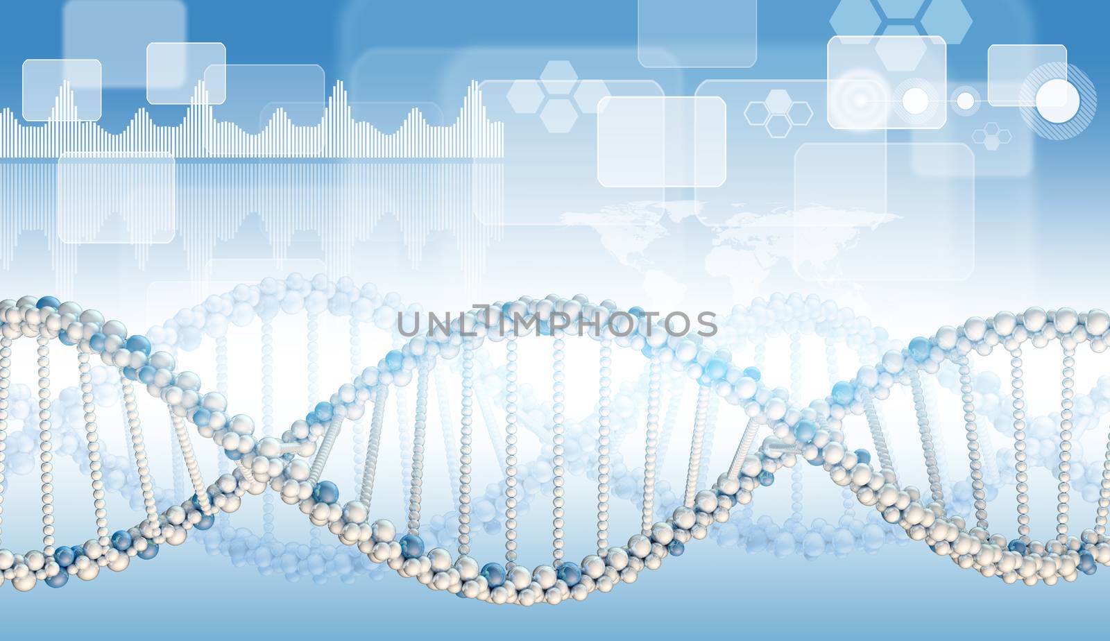 DNA model with graphs, rectangles and hexagons. Blue gradient background