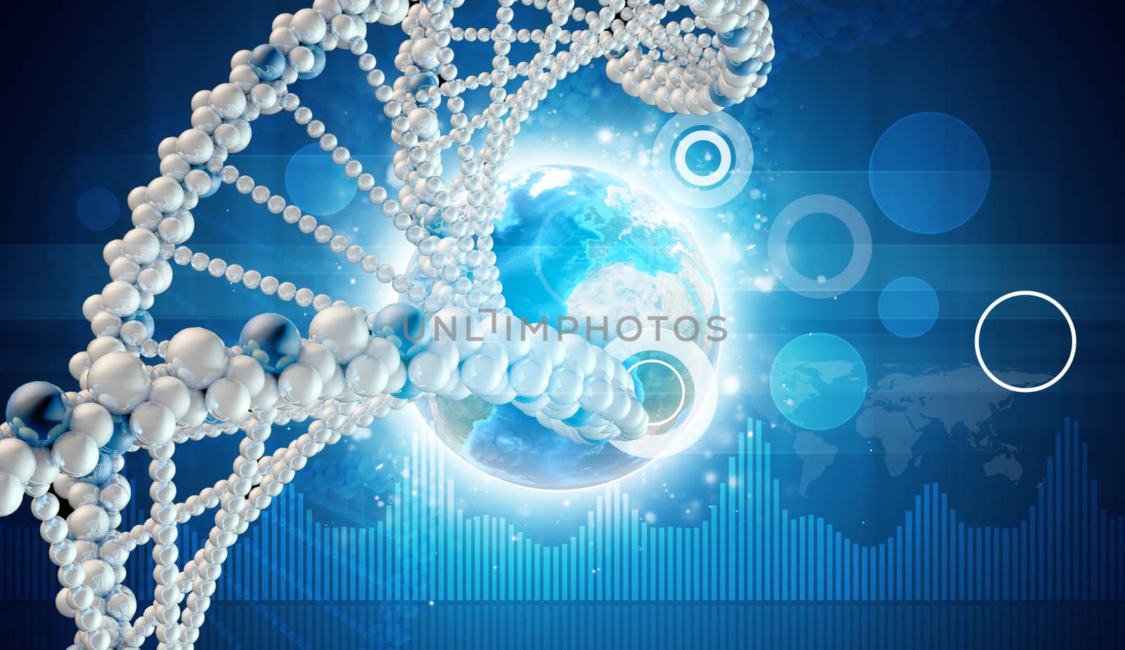 DNA model with Earth, graphs and circles. Blue gradient background. Element of this image furnished by NASA