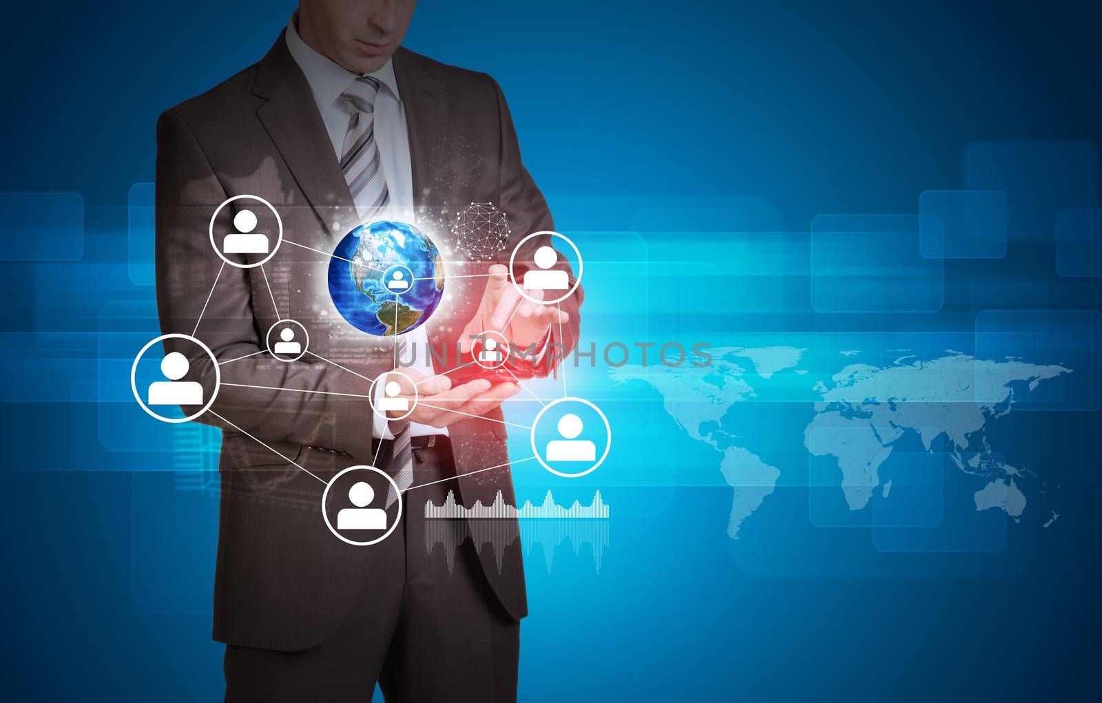 Businessman in suit hold empty copy space. Earth and network with people icons. Elements of this image are furnished by NASA