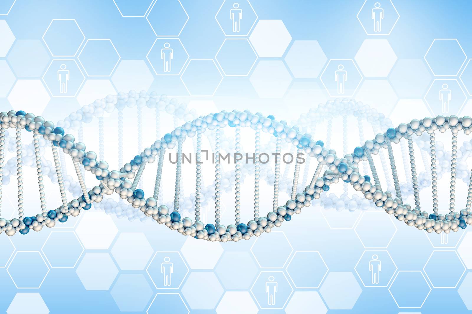 DNA model and hexagons with people icons. Blue gradient background