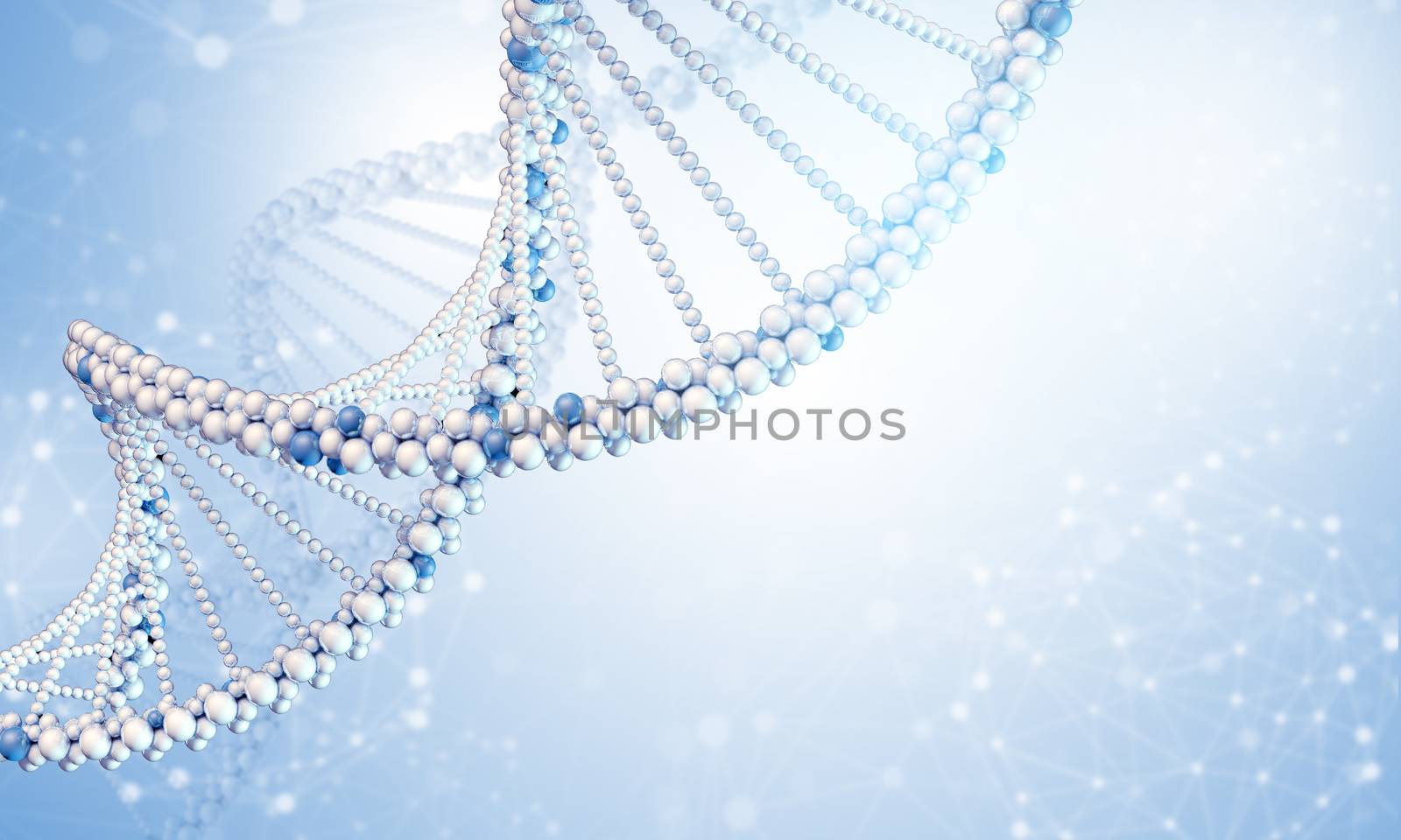 DNA model with blured wire-frame spheres. Blue gradient background