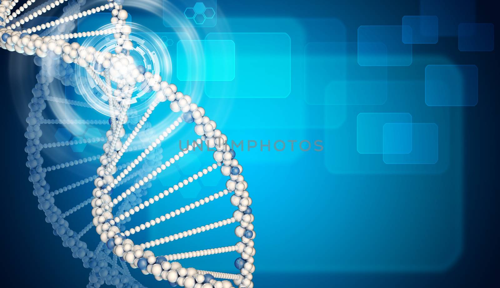 DNA model with rectangles and circles. Blue gradient background