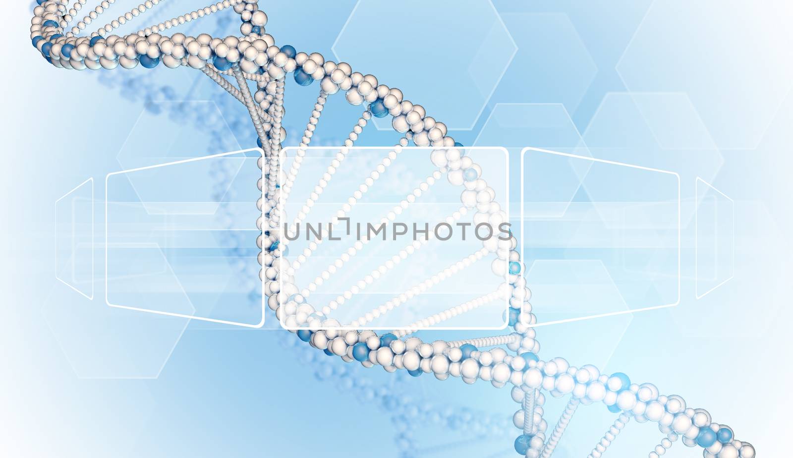 DNA model with transparent rectangles. Blue gradient background