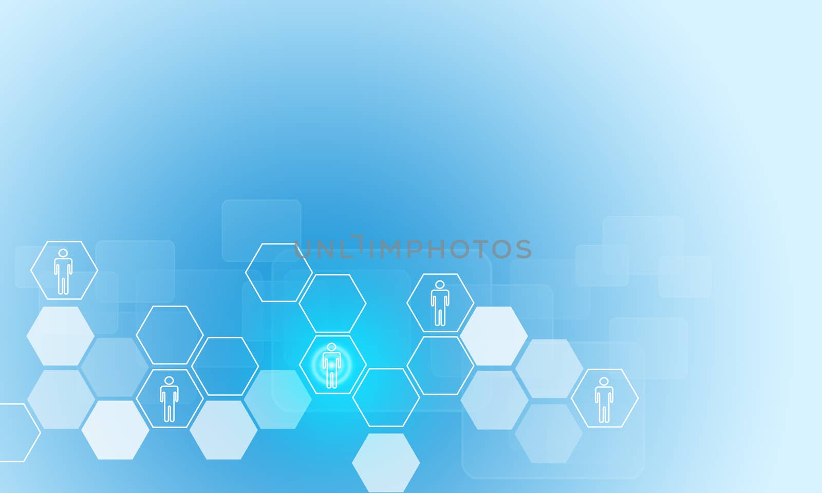 Hexagons with people icons and transparent rectangles on blue background