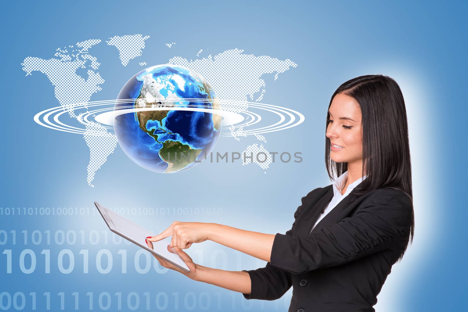 Beautiful businesswoman in suit using tablet and Earth, world map with figures on blue background. Element of this image furnished by NASA