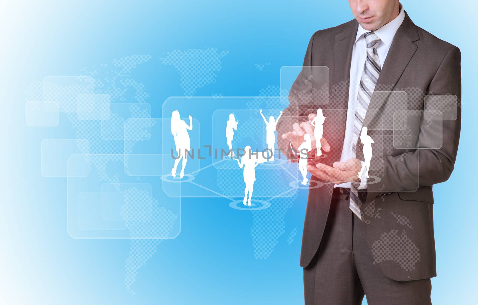 Businessman and world map with business people silhouettes by cherezoff