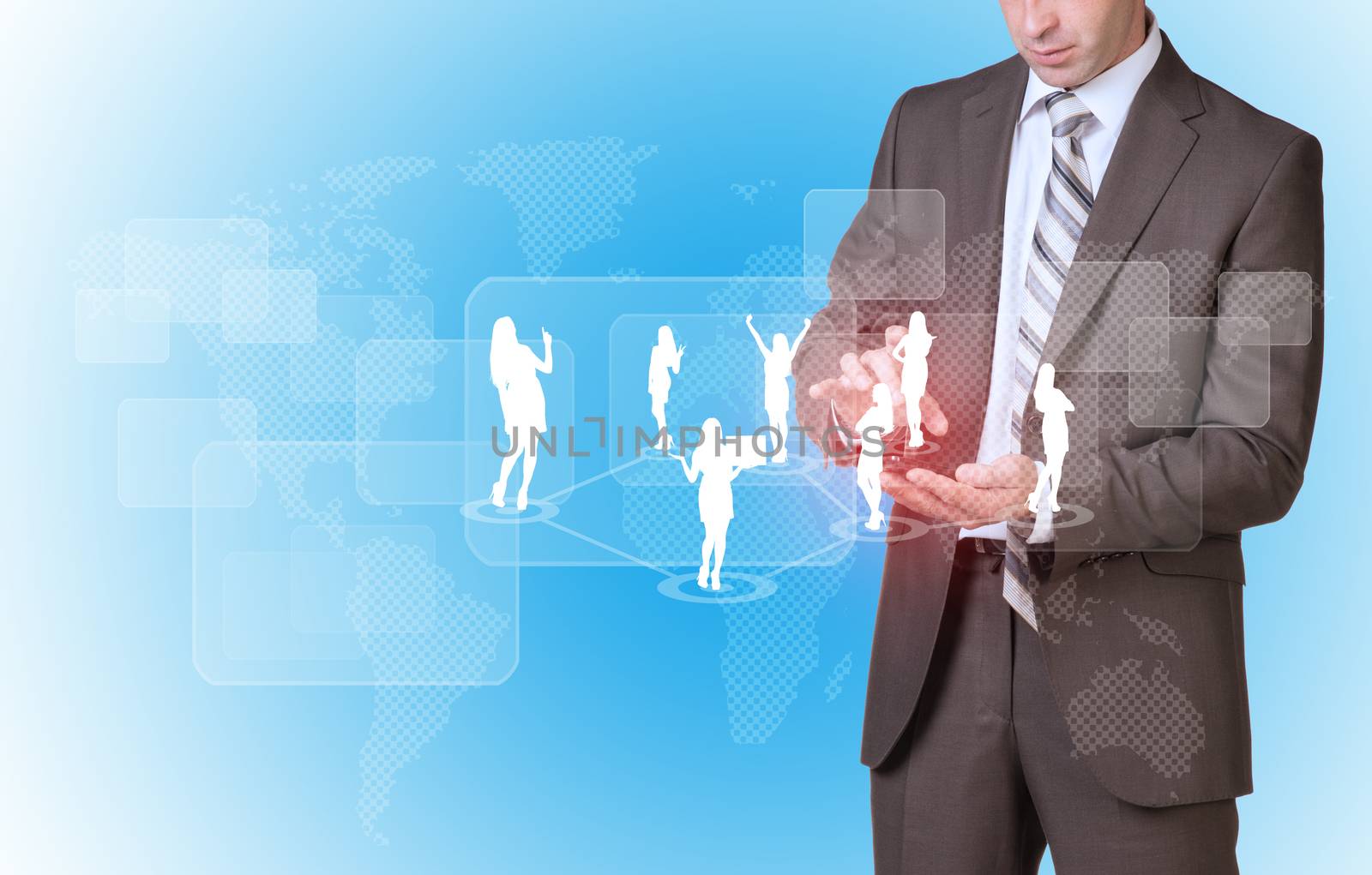 Businessman in suit hold empty copy space. Business people silhouettes with world map