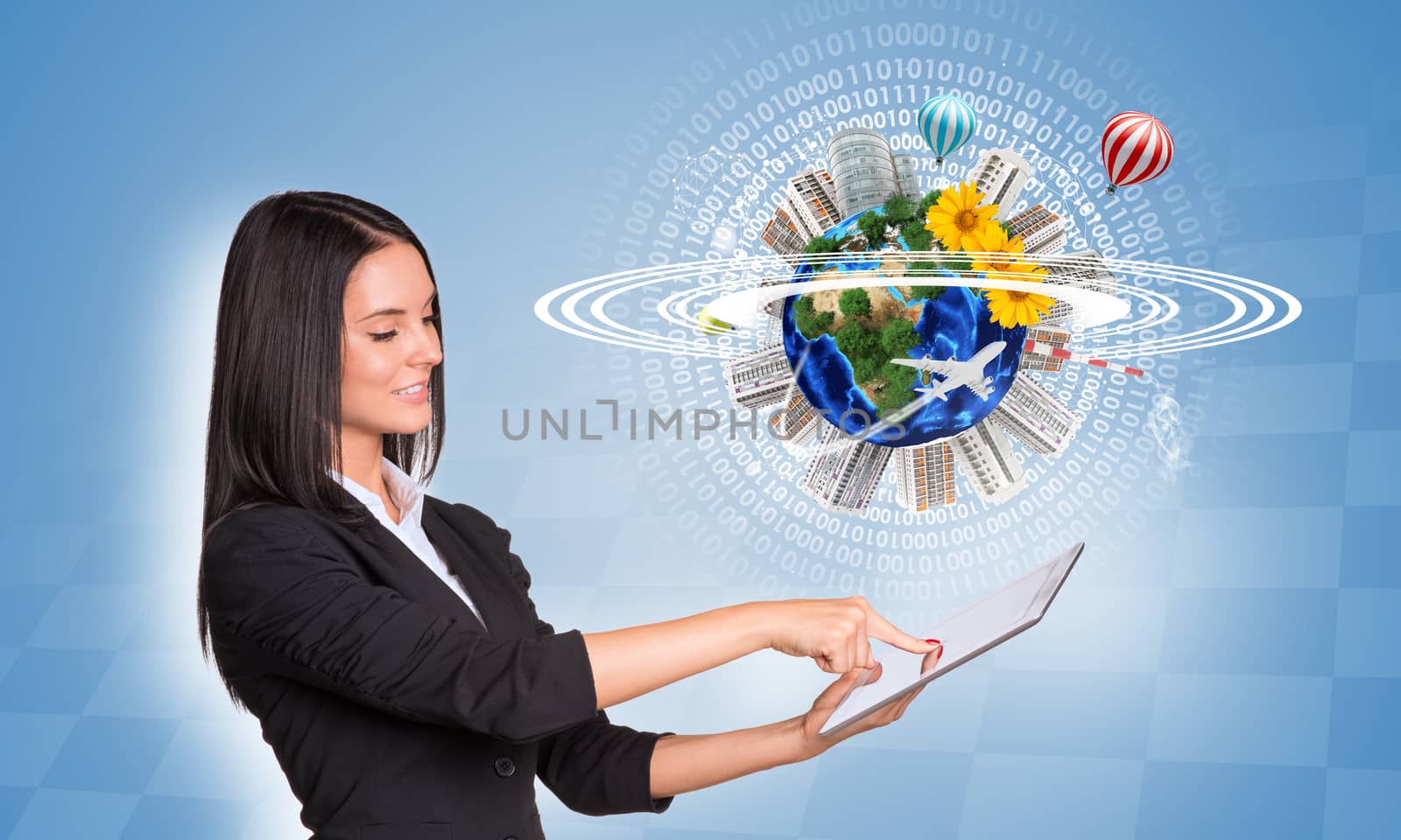 Beautiful businesswoman in suit using tablet. Earth with buildings, flowers, airplanes, air balloons and figures on blue background. Element of this image furnished by NASA