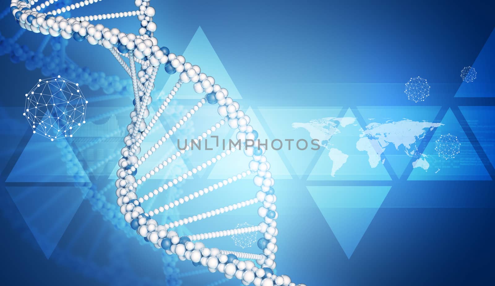 DNA model with triangles, wire-frame sphere and world map. Blue gradient background