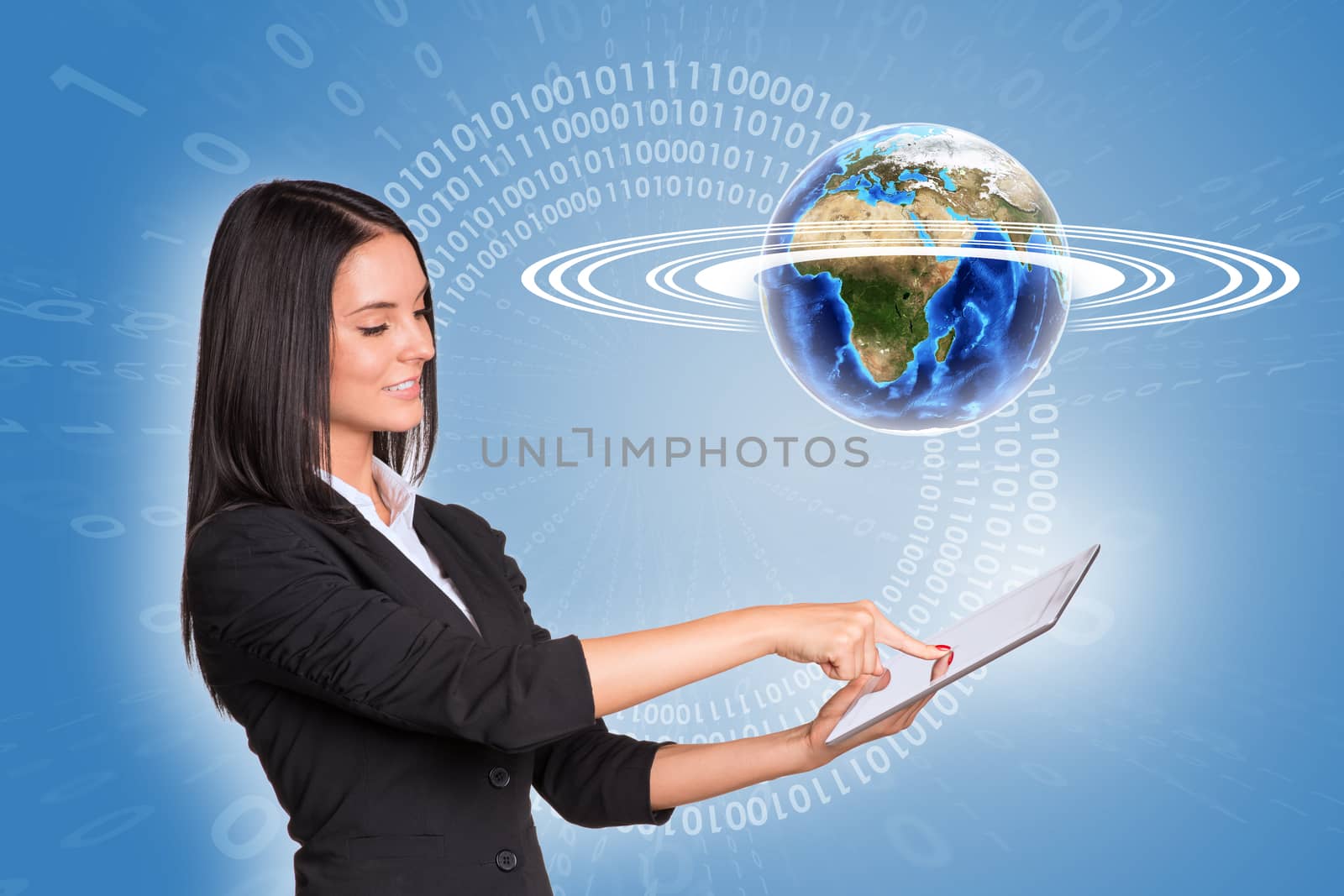 Beautiful businesswoman using tablet and Earth with figures by cherezoff