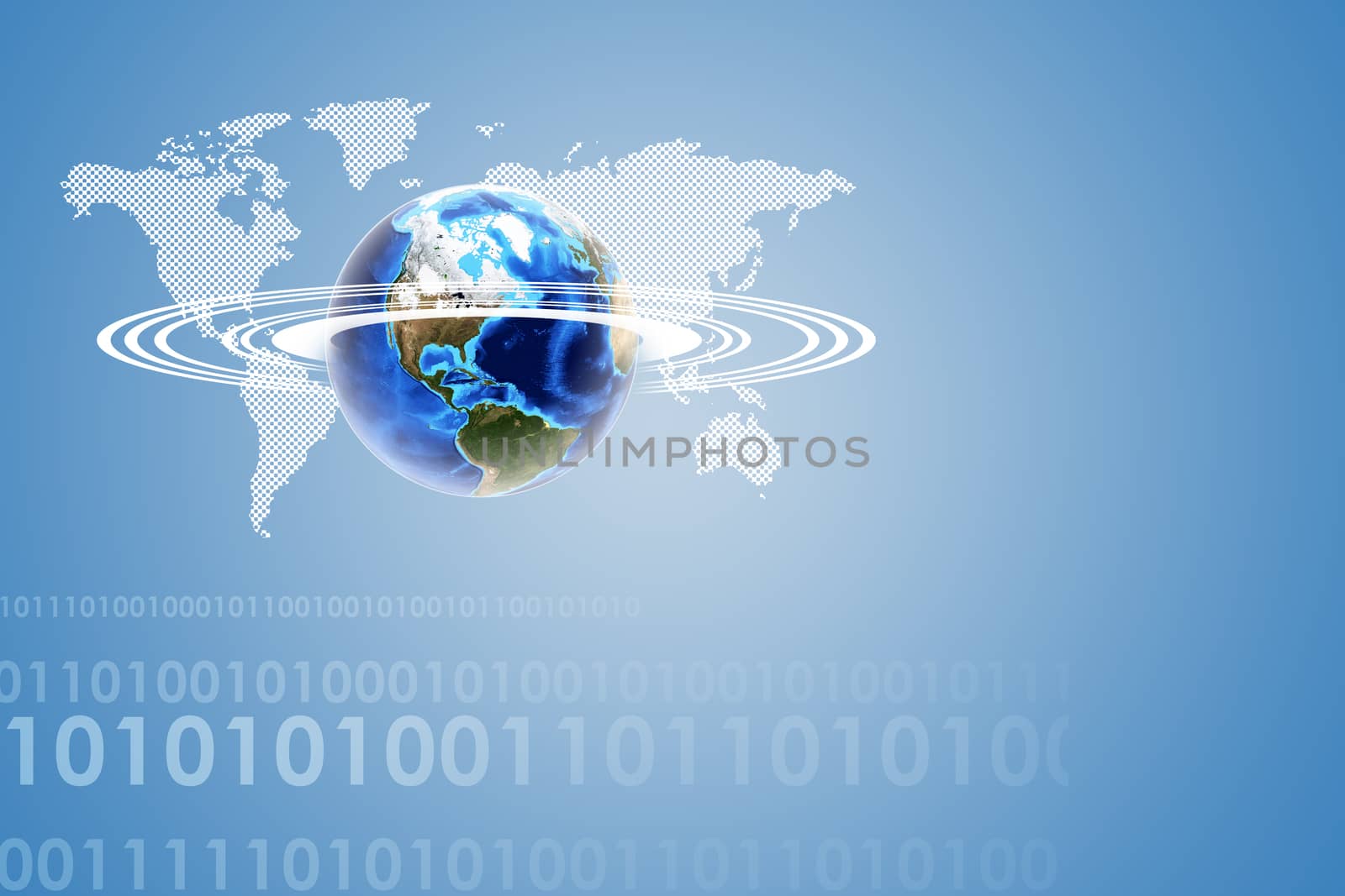 Earth with world map and figures on blue background by cherezoff