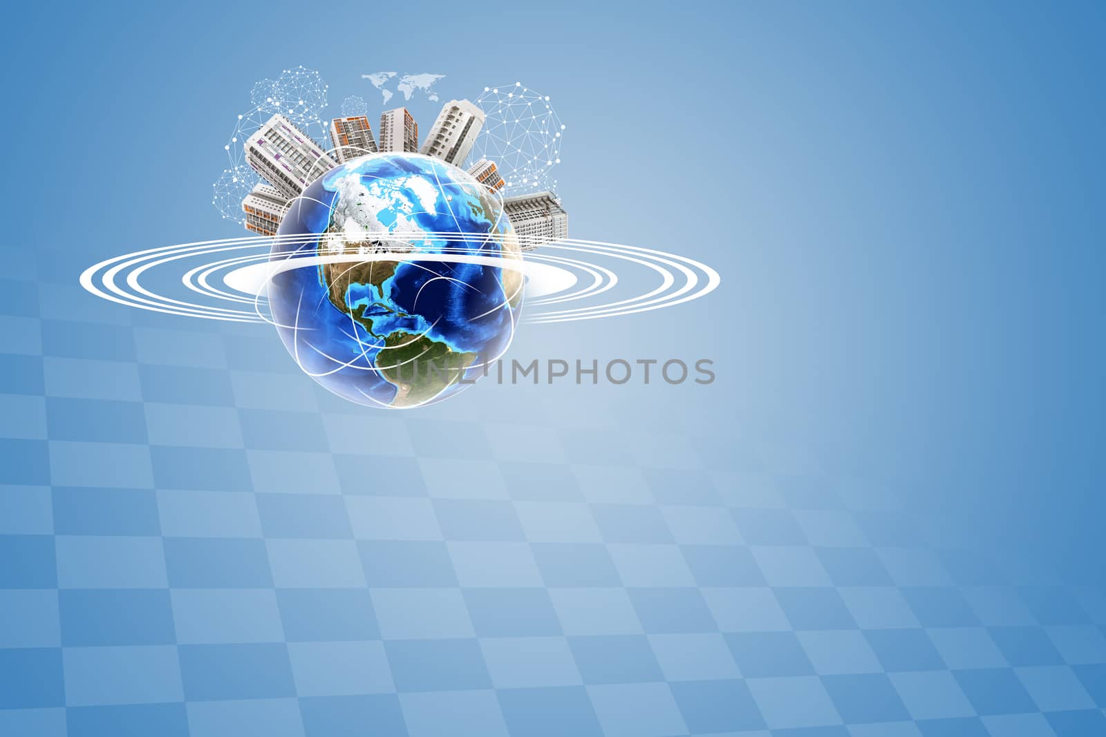 Earth with buildings and wire-frame spheres on blue background by cherezoff