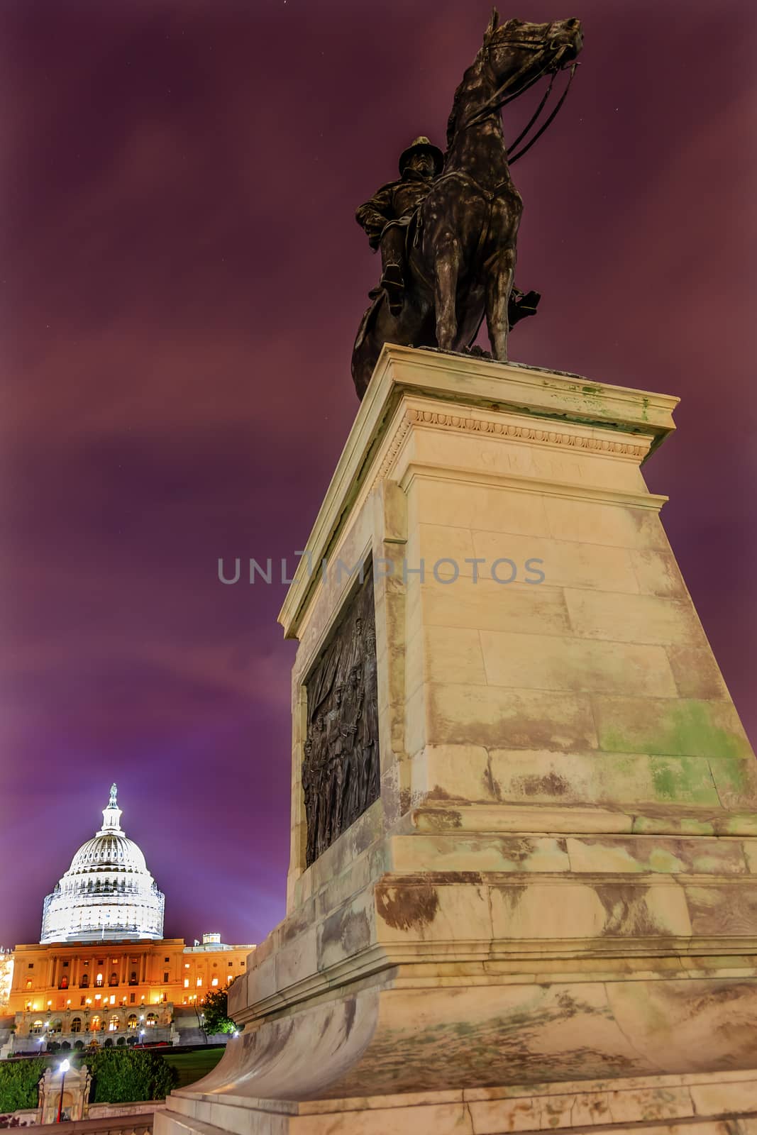 Ulysses US Grant Equestrian Statue Civil War Memorial Evening Stars US Capitol Construction Washington DC.  Created by Henry Shrady and dedicated in 1922.  Second largest equestrian statue in the US.  Grant is riding Cincinnati, his famous horse.  