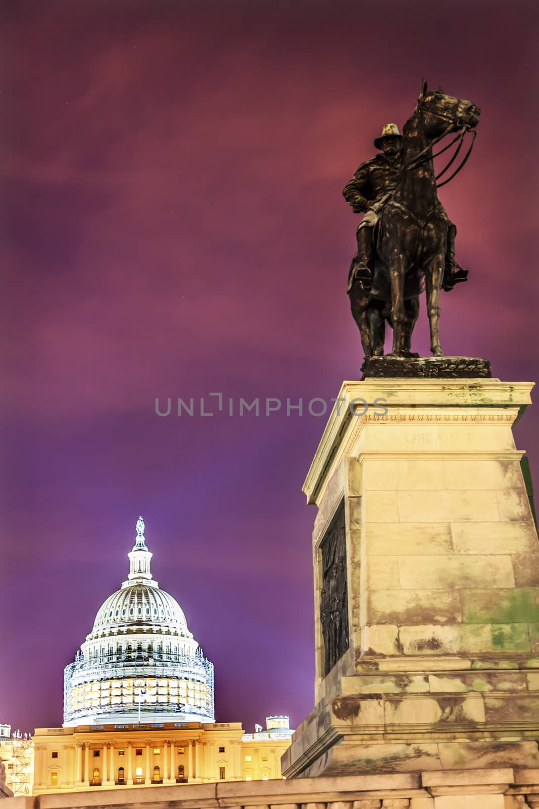 Ulysses US Grant Equestrian Statue Civil War Memorial Evening Stars US Capitol Construction Washington DC.  Created by Henry Shrady and dedicated in 1922.  Second largest equestrian statue in the US.  Grant is riding Cincinnati, his famous horse.  