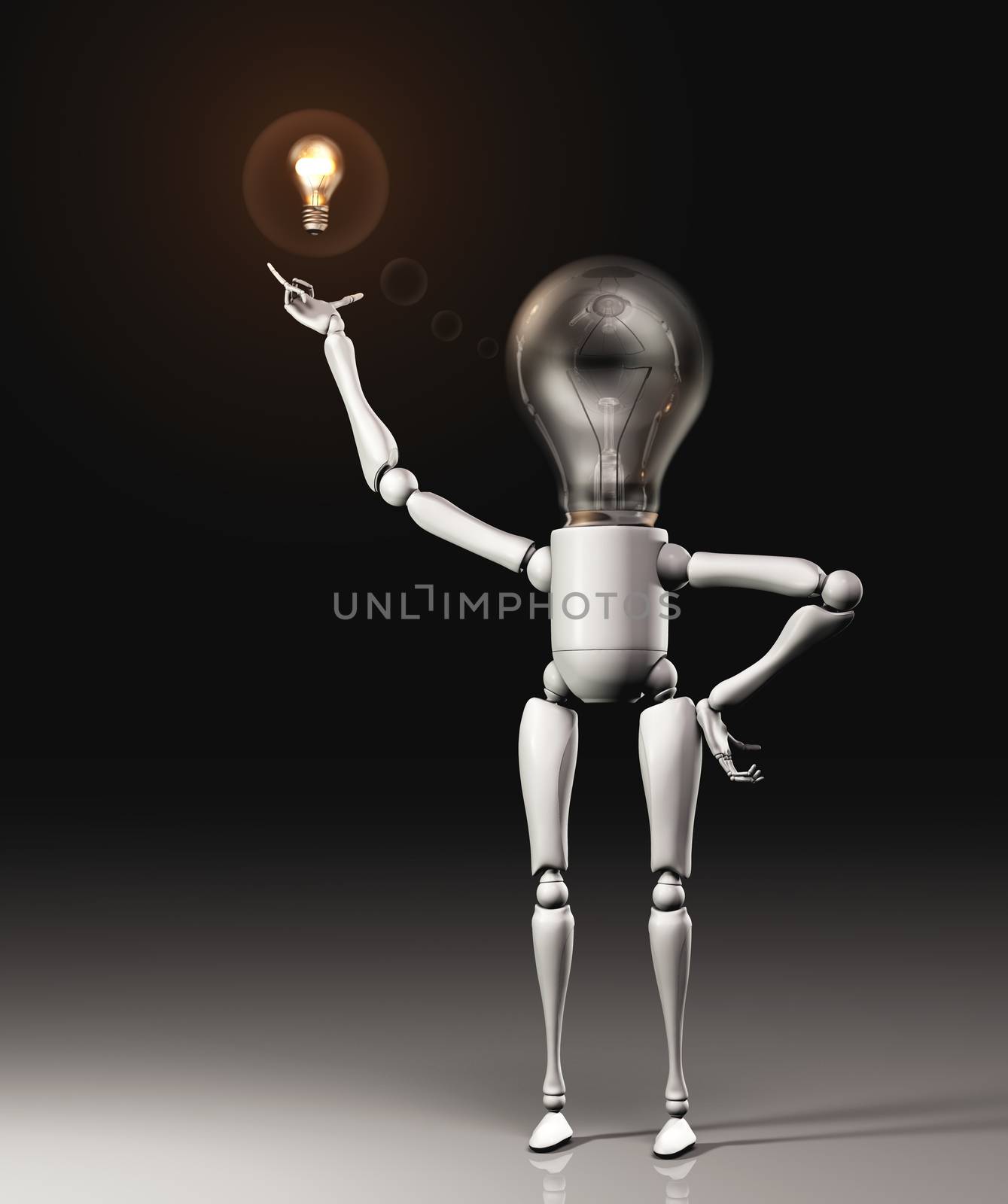 a standing lamp character shows the concept of a new idea, or solution to a problem, by a floating light bulb turned on placed over his upward right hand on a dark background