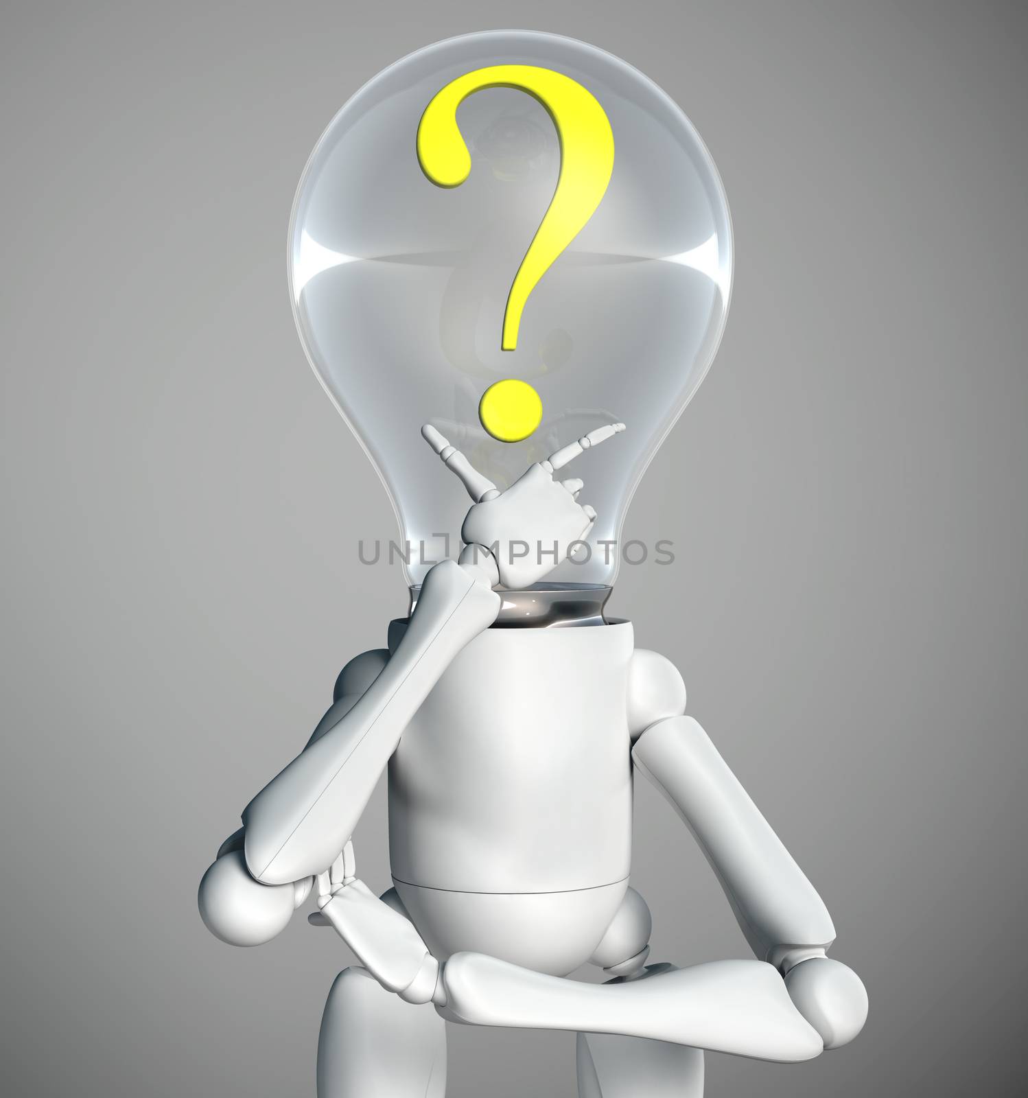 half-length of a standing lamp character that has a yellow question mark inside his bulb light switched off and has his right hand under his chin how to think to solve a problem, on a grey background