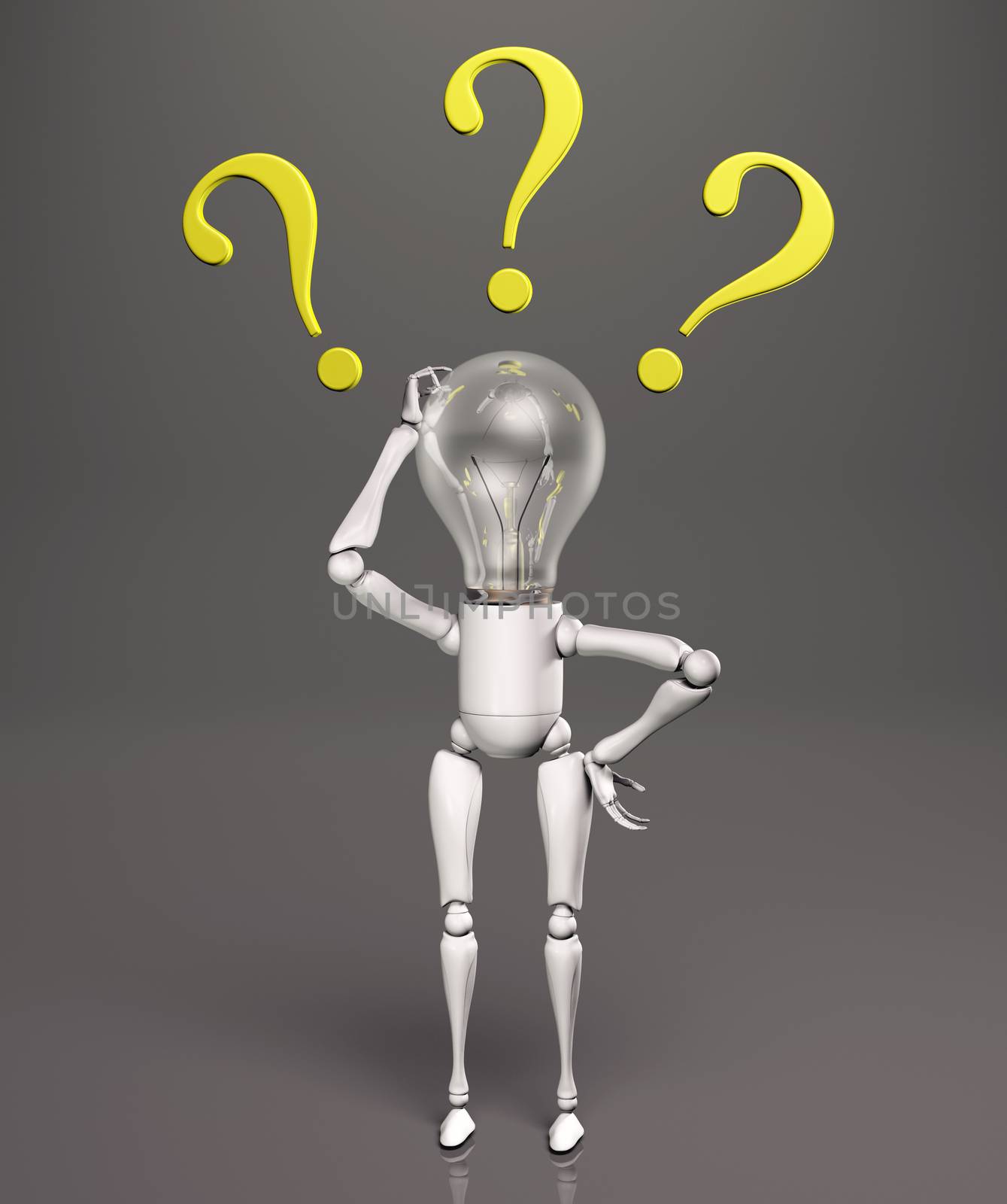 a standing lamp character scratches his bulb light switched off with his right hand and has three yellow questions marks around his head, on a dark background