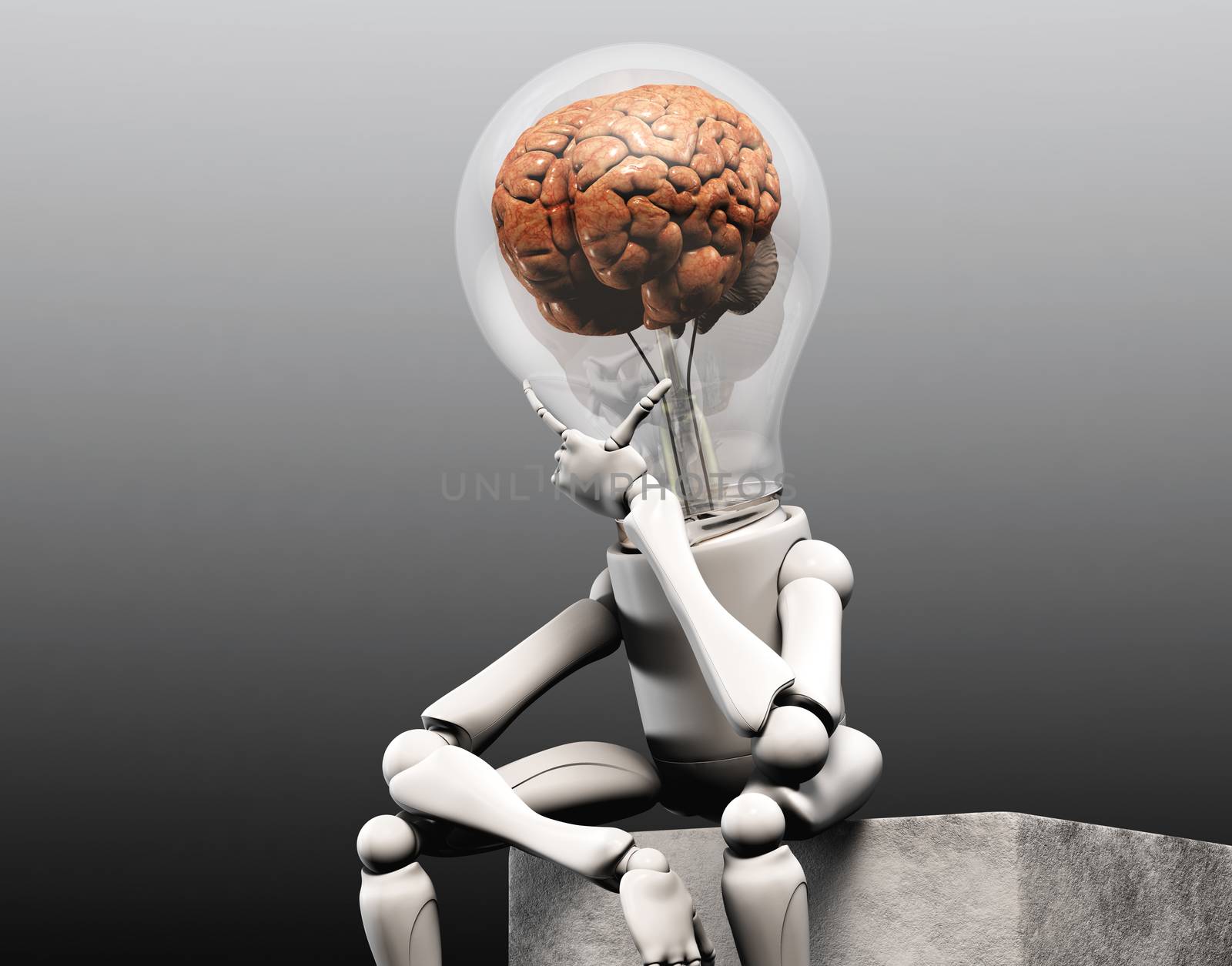 a lamp character with a human brain into his bulb light is sitting on squared stone and has his left hand under his chin how to think to solve a problem, on a dark grey background