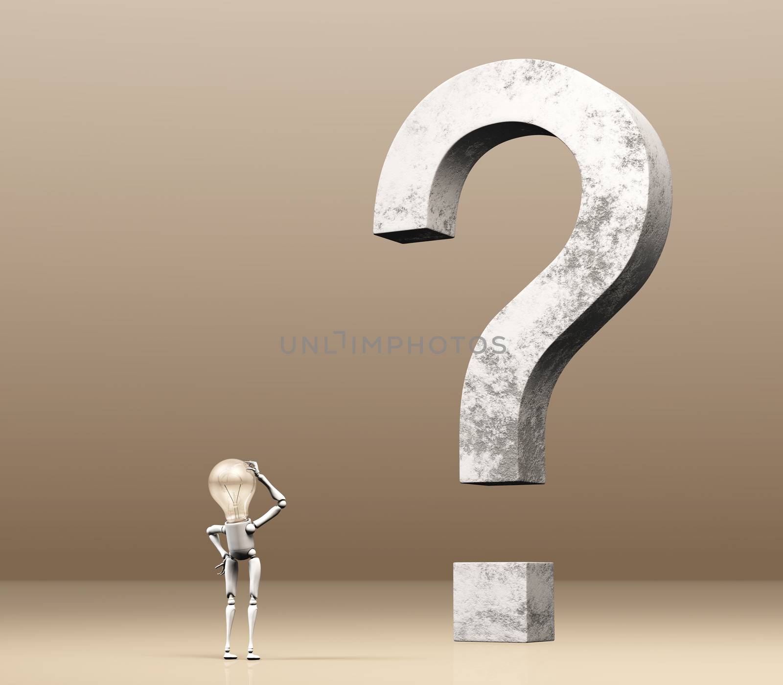 a lamp character is watching a big upright question mark made of stone while scratches his head with the right hand as demonstration of perplexity, on a brown cream background