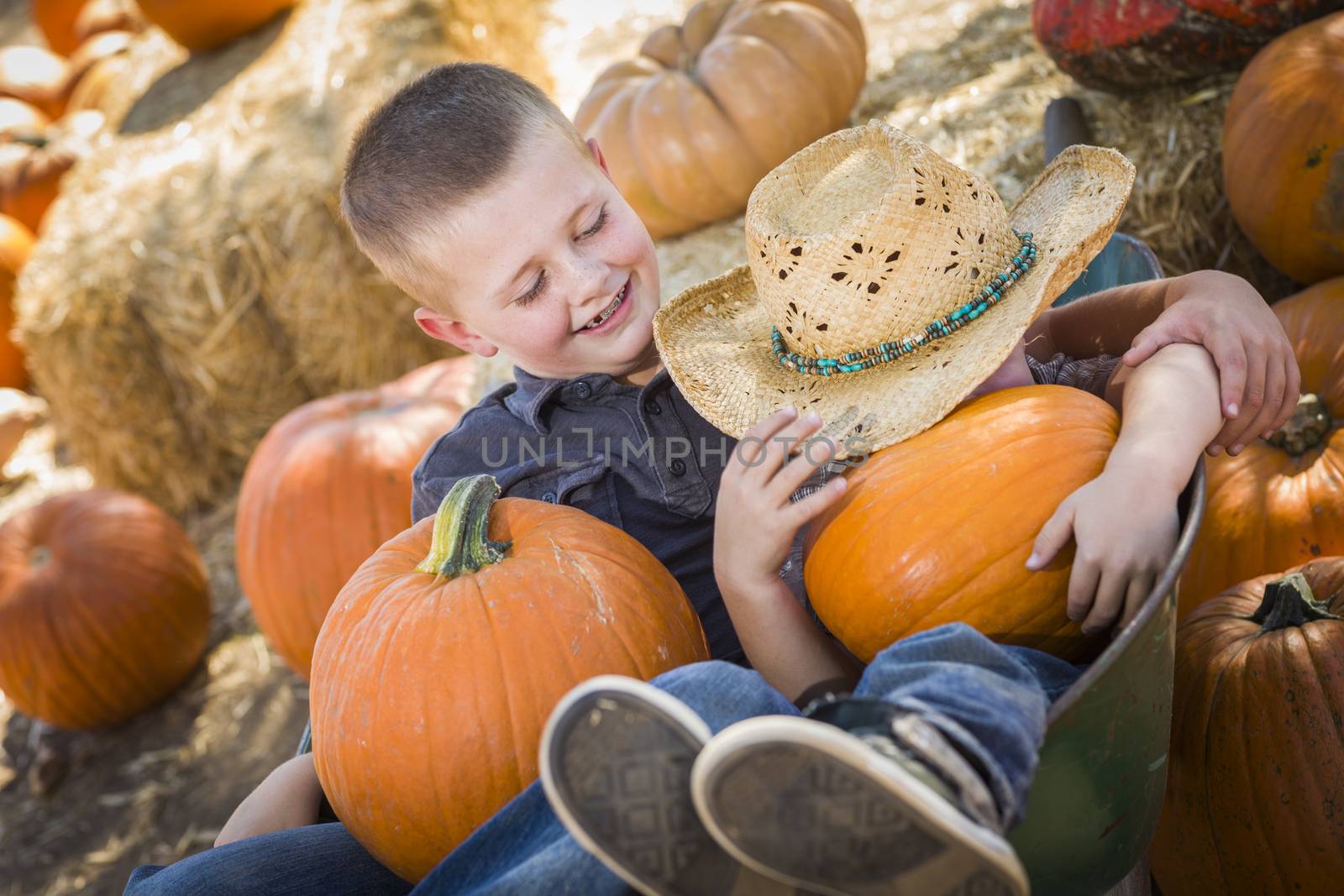 Two Little Boys Playing in Wheelbarrow at the Pumpkin Patch by Feverpitched