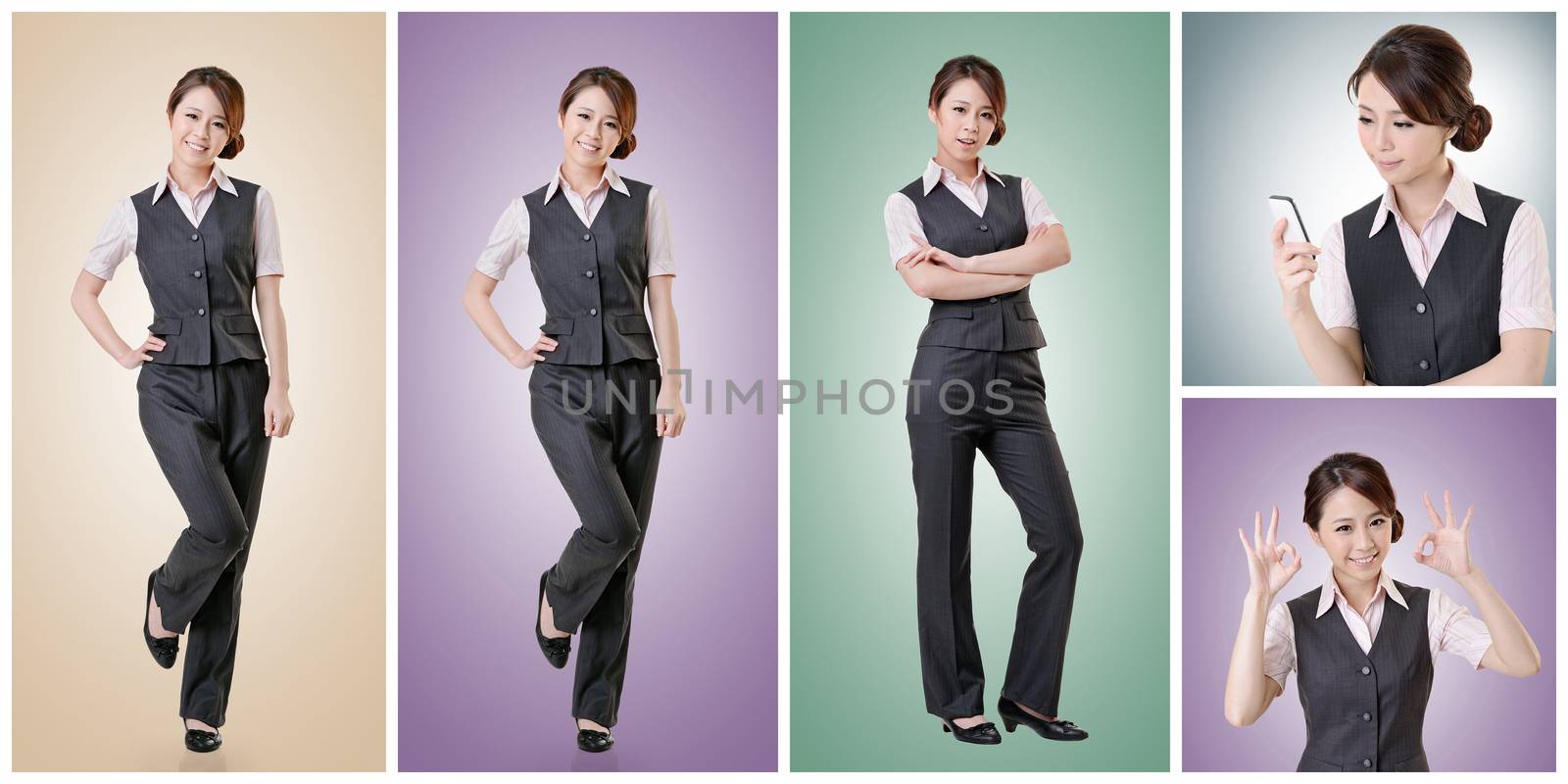 Asian business woman collection with colorful background.