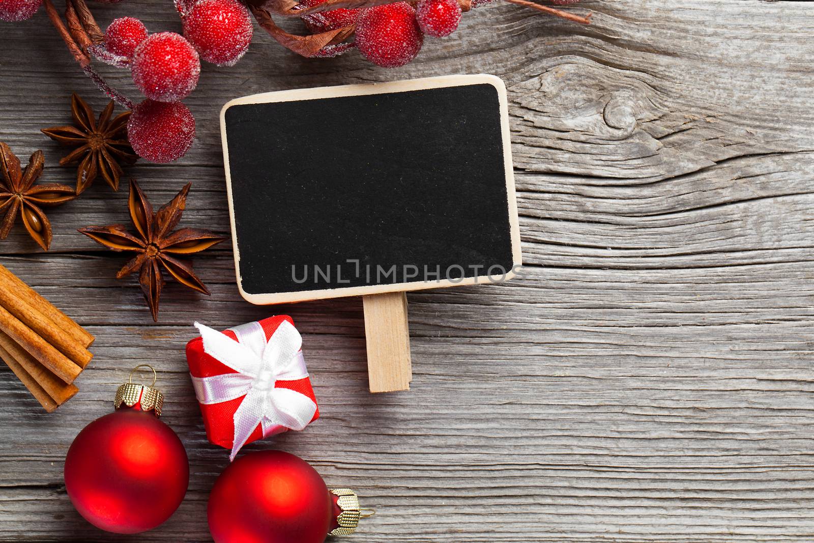 Christmas decoration on wood background, with free space for your text